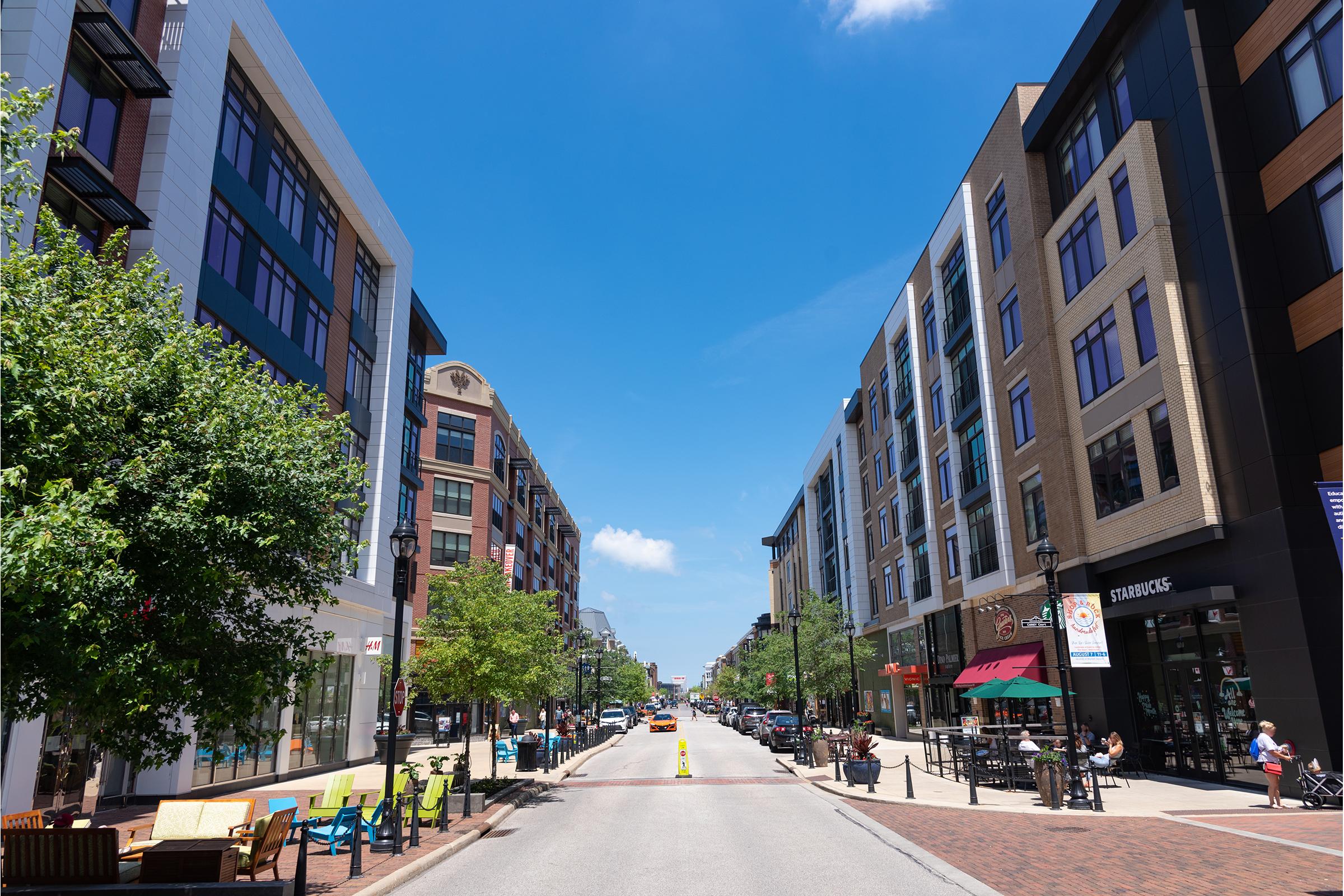 A sunny urban street view featuring modern buildings lined with trees. Sidewalks are bustling with people, outdoor seating at cafes, and a Starbucks. Clear blue skies enhance the vibrant city atmosphere, creating a lively scene in a shopping district.