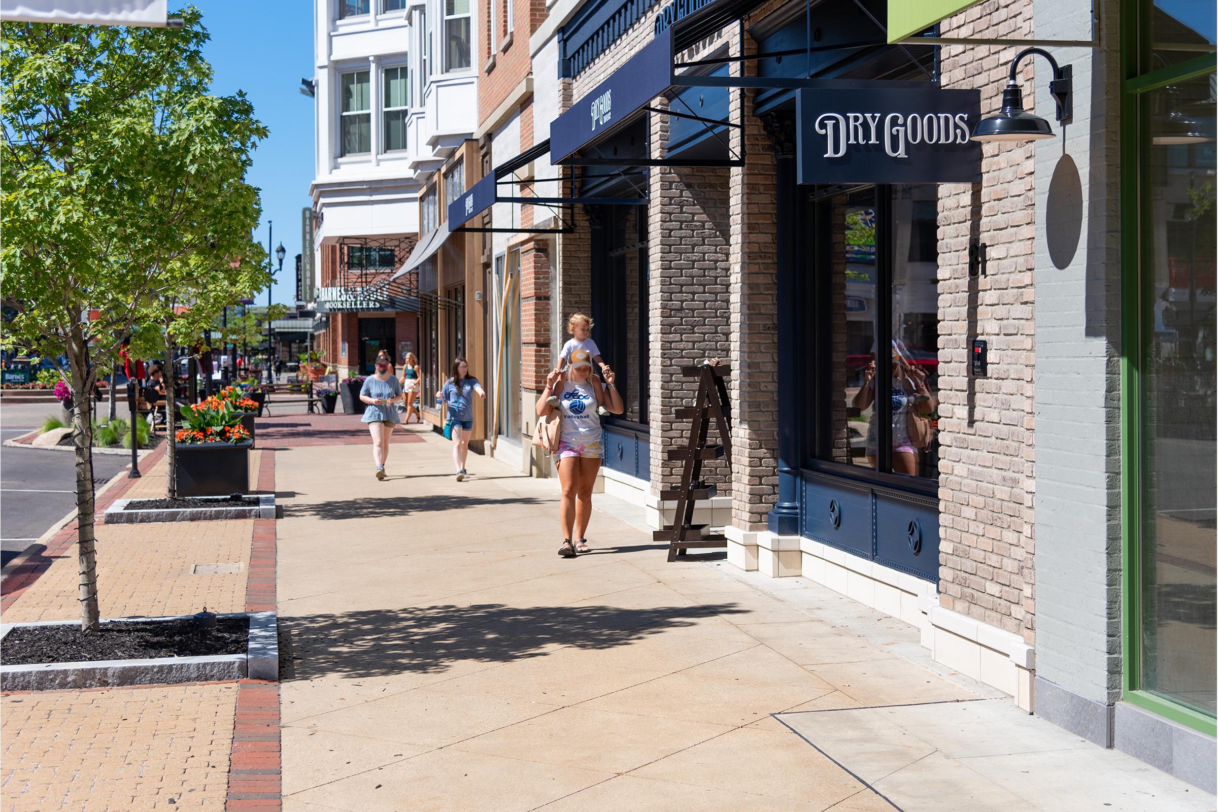 A vibrant outdoor shopping area featuring a storefront labeled "Dry Goods" with large windows. People walk along the sidewalk, engaging in various activities, while trees and flower planters enhance the street's aesthetics. Bright, sunny weather contributes to a lively atmosphere.