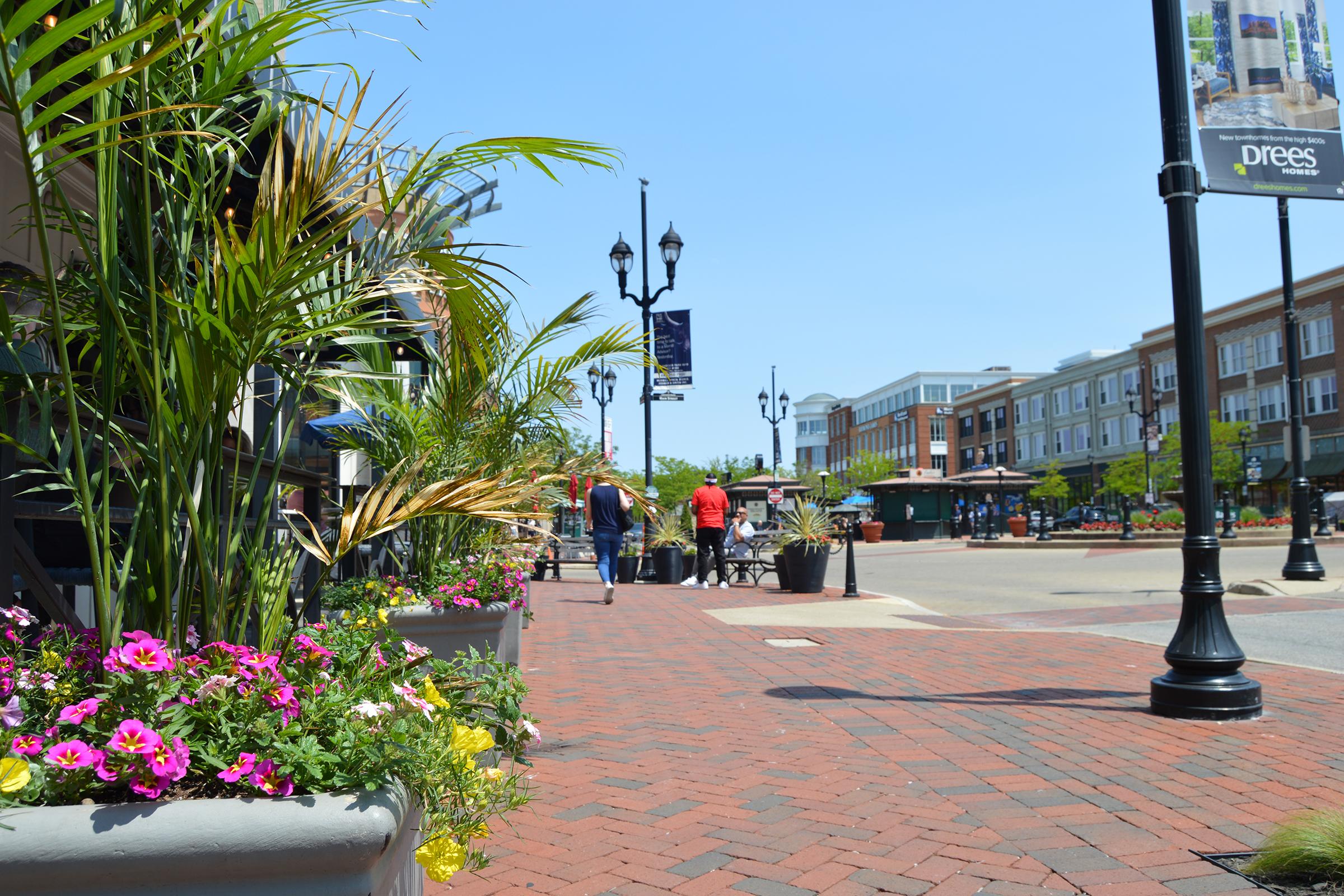A vibrant streetscape featuring colorful flower planters along a brick walkway. Pedestrians stroll past shops and cafes under clear blue skies. Street lamps and banners add to the lively atmosphere of the area, showcasing a mix of greenery and urban design.