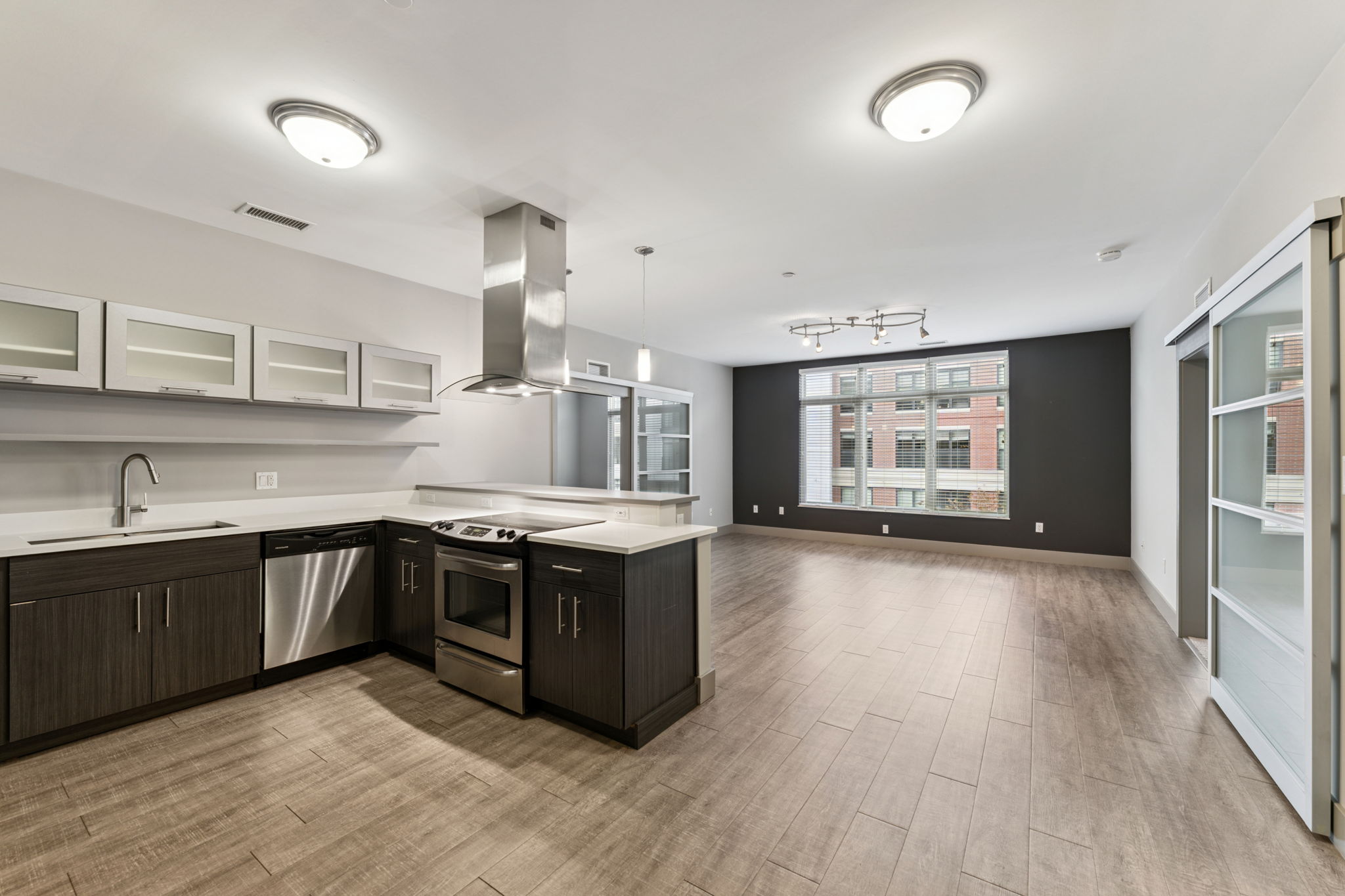 Modern open-concept kitchen with stainless steel appliances, including an oven and dishwasher. Minimalist cabinetry in dark wood, quartz countertops, and a sleek hood. The space features large windows allowing natural light, with a living area that has a neutral color palette and hardwood-style flooring.