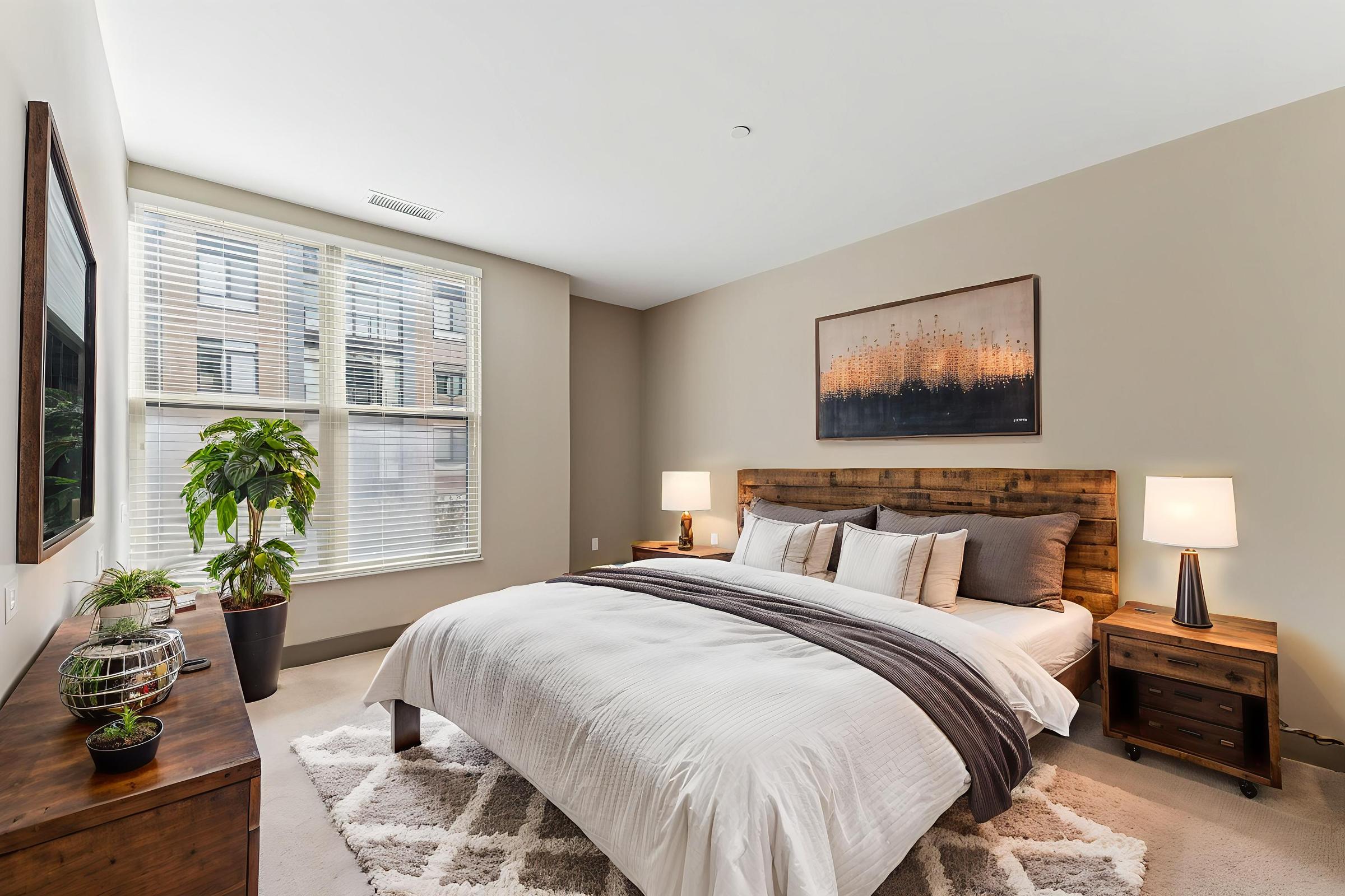 A cozy bedroom featuring a large bed with white linens and a gray throw blanket, dark wooden nightstands on either side, and modern lamps. There is a lush green plant in the corner and a large window with blinds allowing natural light in. A framed abstract artwork hangs above the bed.