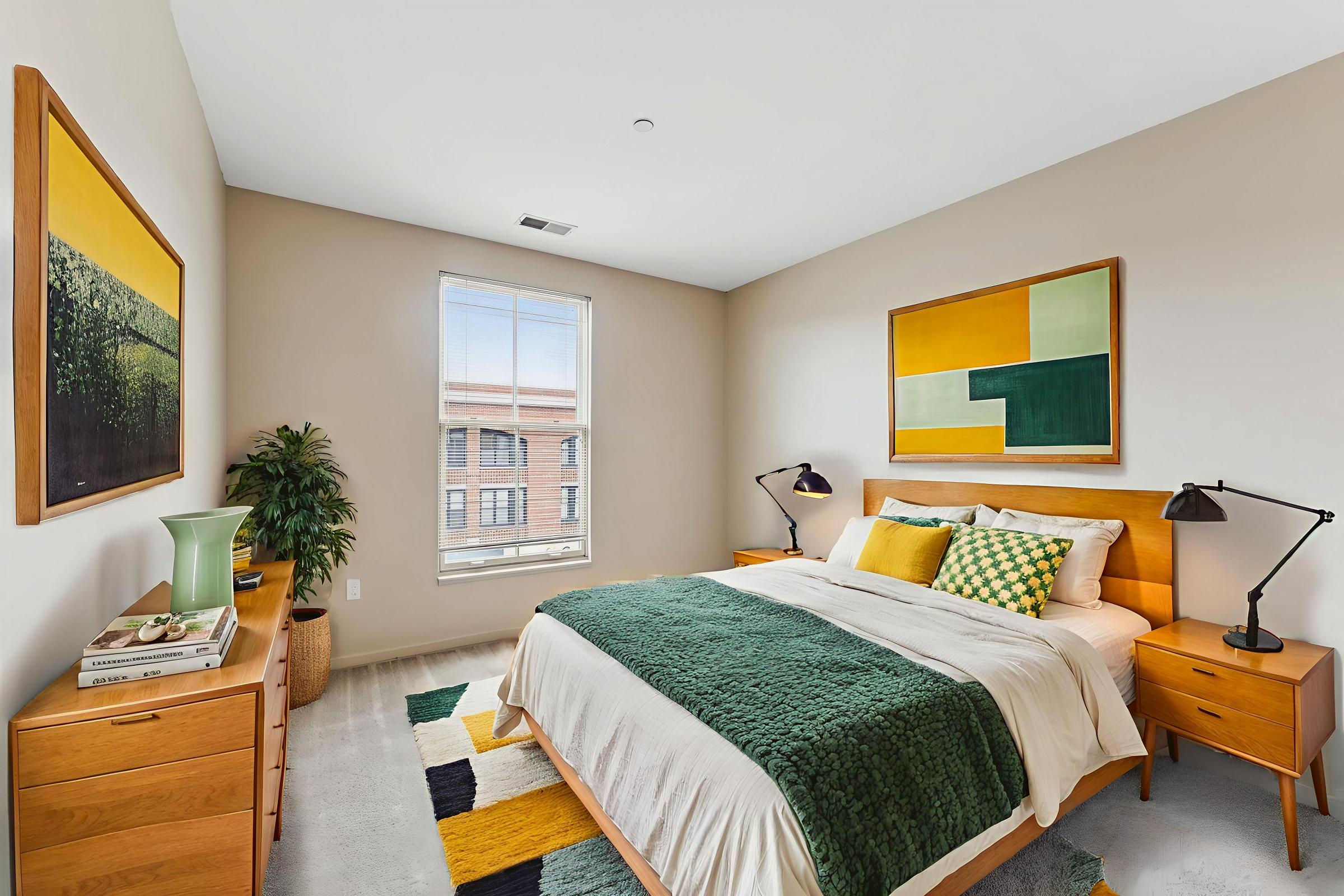 A stylish bedroom featuring a wooden bed with green and yellow bedding, decorative pillows, and two bedside tables with lamps. The walls are adorned with framed artwork in complementary colors. A large window allows natural light to flood the space, and a potted plant adds a touch of greenery.