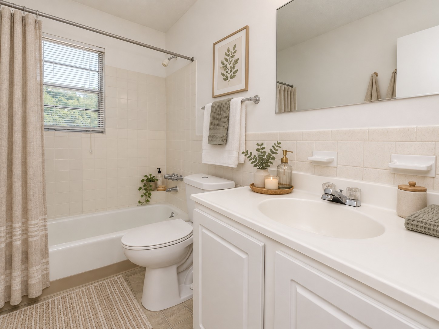 A modern bathroom featuring a white bathtub, toilet, and sink. The walls are light beige with a framed plant print above the sink. A large mirror reflects the space, while a window allows natural light. The decor includes potted plants, a beige bath mat, towels, and candles for a cozy ambiance.