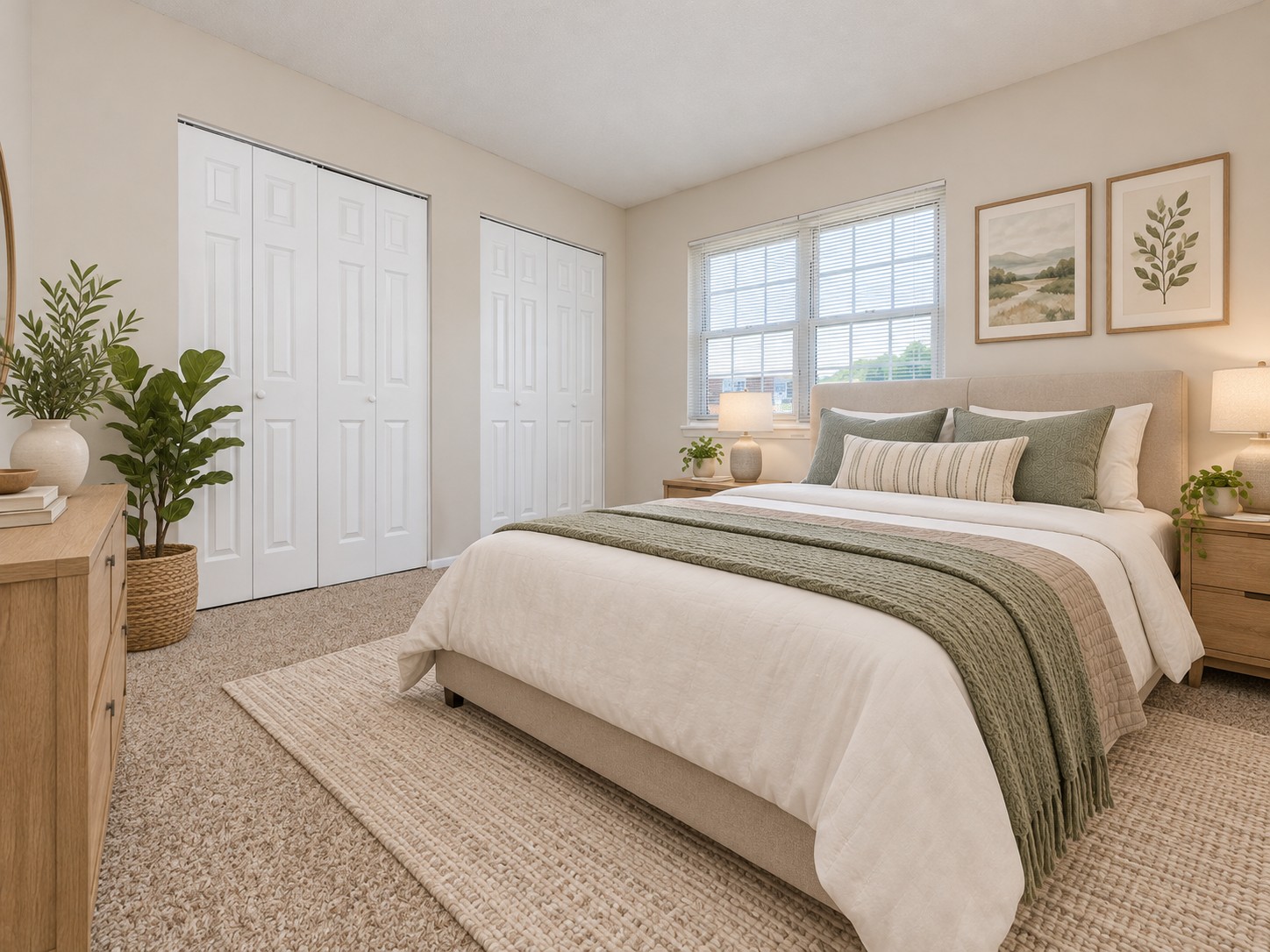 A cozy bedroom featuring a large bed with a beige and green bedding set, two bedside lamps, a wooden dresser, and a plant near the window. The walls are painted in a light color, and there are two white closet doors. Natural light enters through the window, creating a warm and inviting atmosphere.