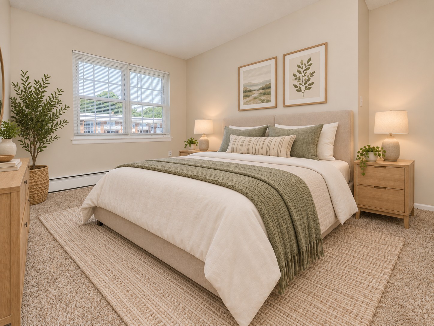 A cozy, well-lit bedroom featuring a large bed with a neutral color bedspread and a green throw blanket. Two bedside tables with lamps flanking the bed, and framed botanical art on the wall. A potted plant sits in the corner, and a woven rug covers the carpeted floor, creating a warm and inviting atmosphere.