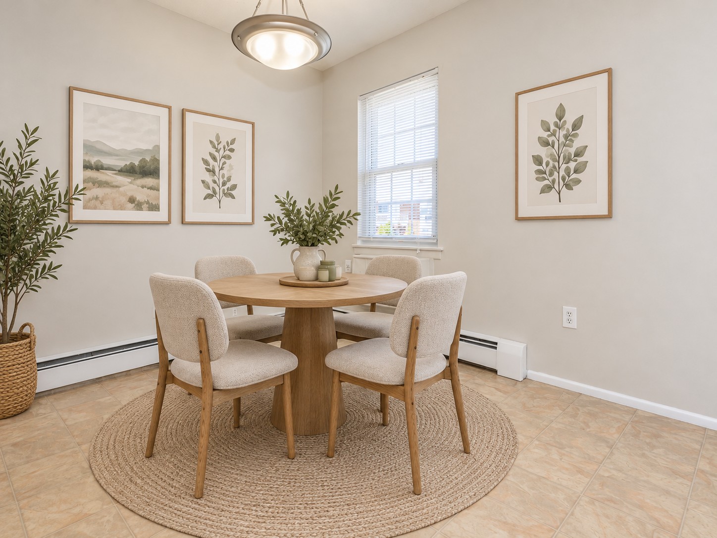 A cozy dining area featuring a round wooden table surrounded by four light beige upholstered chairs. The space is adorned with two framed botanical prints on the walls and a potted plant in the corner. Natural light streams in through a window, highlighting a woven rug beneath the table.