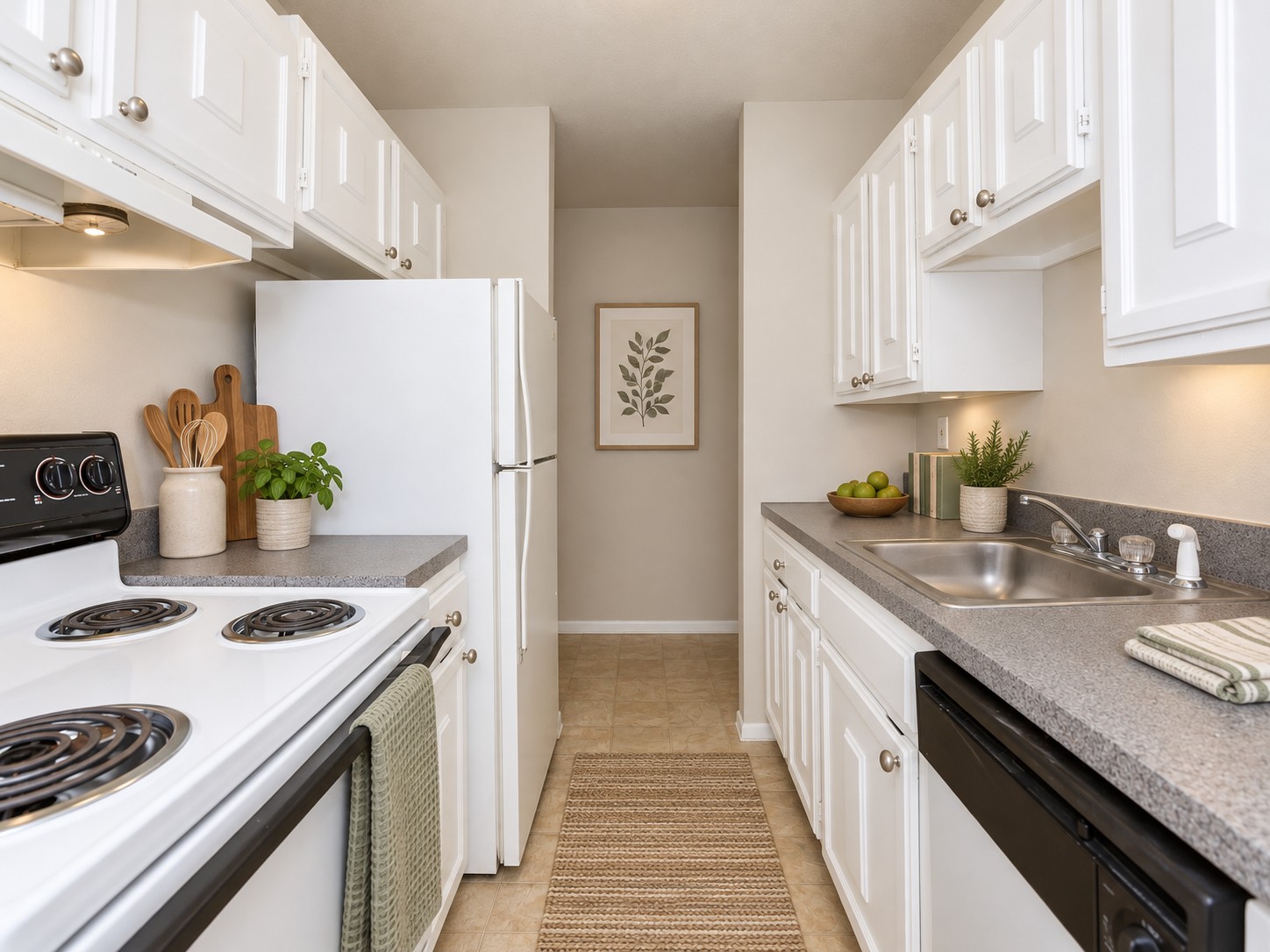 A well-lit kitchen featuring white cabinets, a black stove, and a white refrigerator. The countertop displays wooden utensils and a potted plant. A beige rug lies on the floor, and a framed botanical print is hung on the wall. Fresh fruits are on the sink, creating a cozy and inviting atmosphere.
