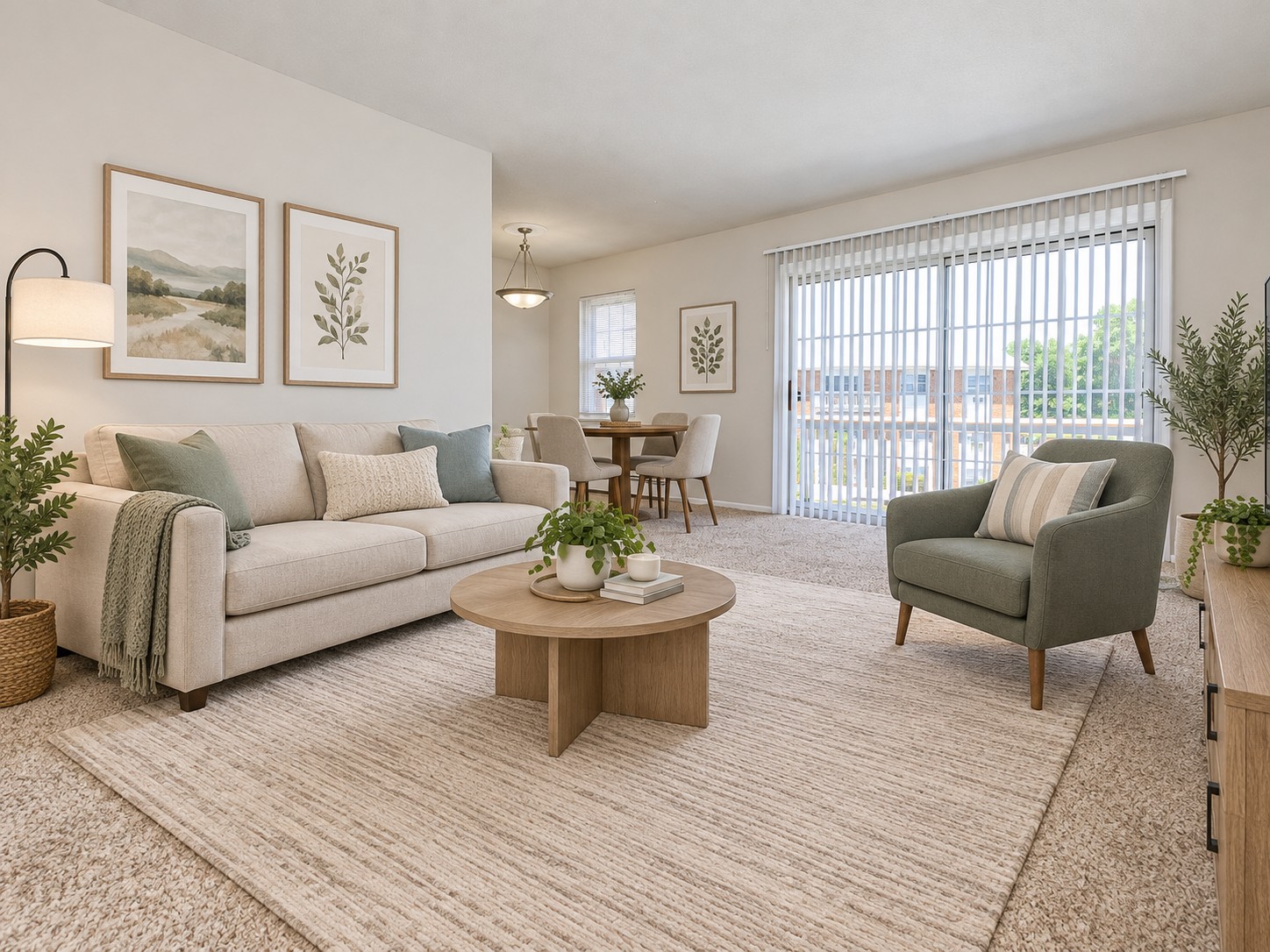 A modern living room featuring a light beige couch with decorative pillows, a round wooden coffee table, and a green accent chair. The room is adorned with framed botanical prints on the walls, potted plants, and a large window with sheer curtains that lets in natural light. A dining area is visible in the background.