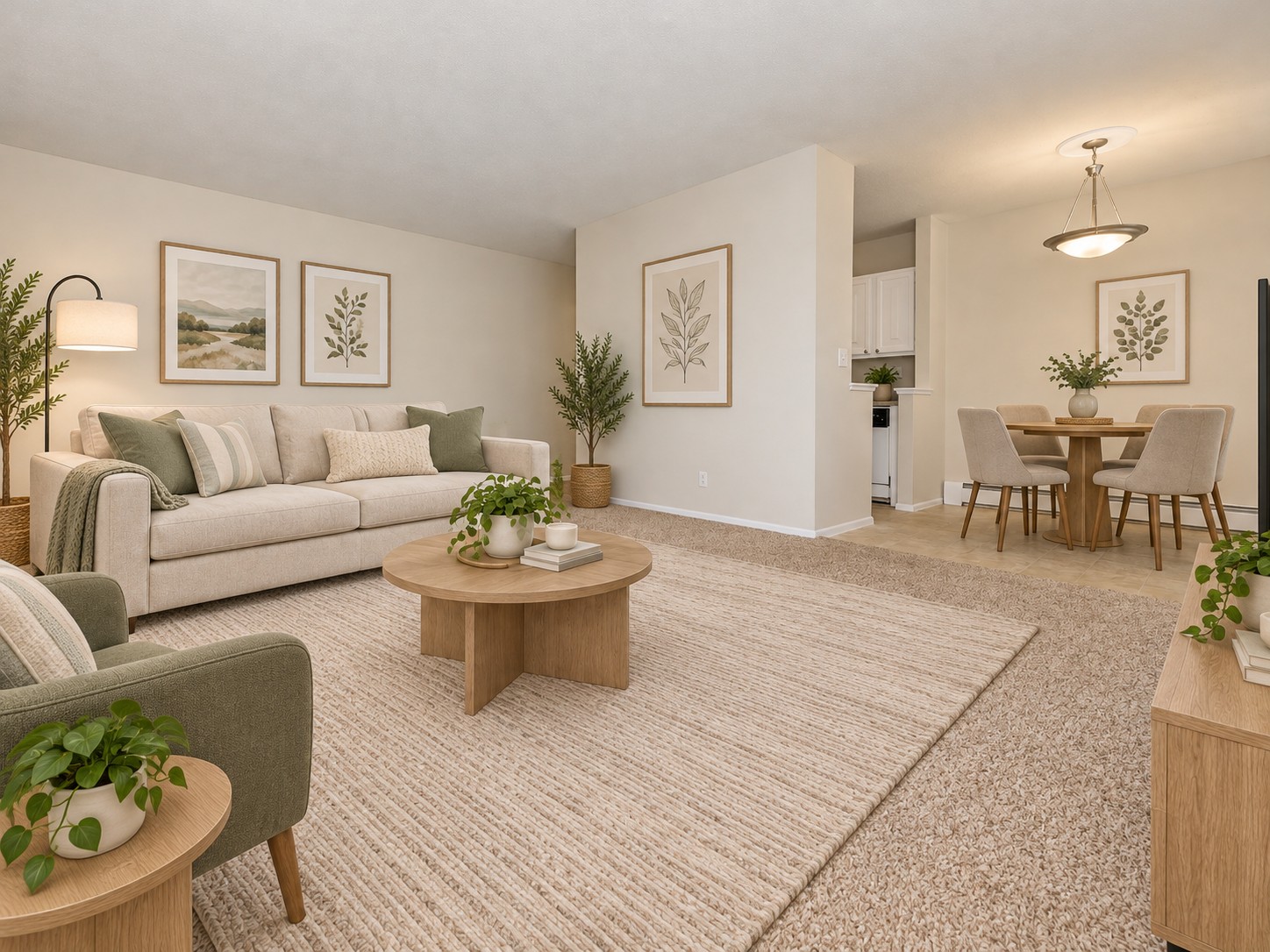 A cozy living room featuring a light beige couch with green and cream cushions, a wooden coffee table, and a large area rug. The walls are adorned with botanical prints in frames, and there are potted plants. A dining area with a round table and chairs is visible in the background, creating a warm and inviting atmosphere.