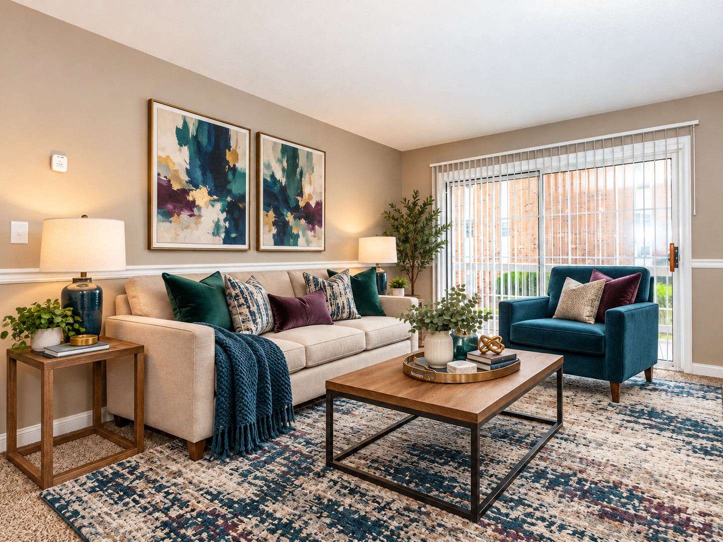 A cozy living room featuring a beige sofa adorned with colorful pillows, a dark teal accent chair, and a wooden coffee table. The space is decorated with modern artwork on the walls, stylish lamps, and greenery. Natural light comes through a glass door, leading to an outdoor view, enhancing the inviting atmosphere.
