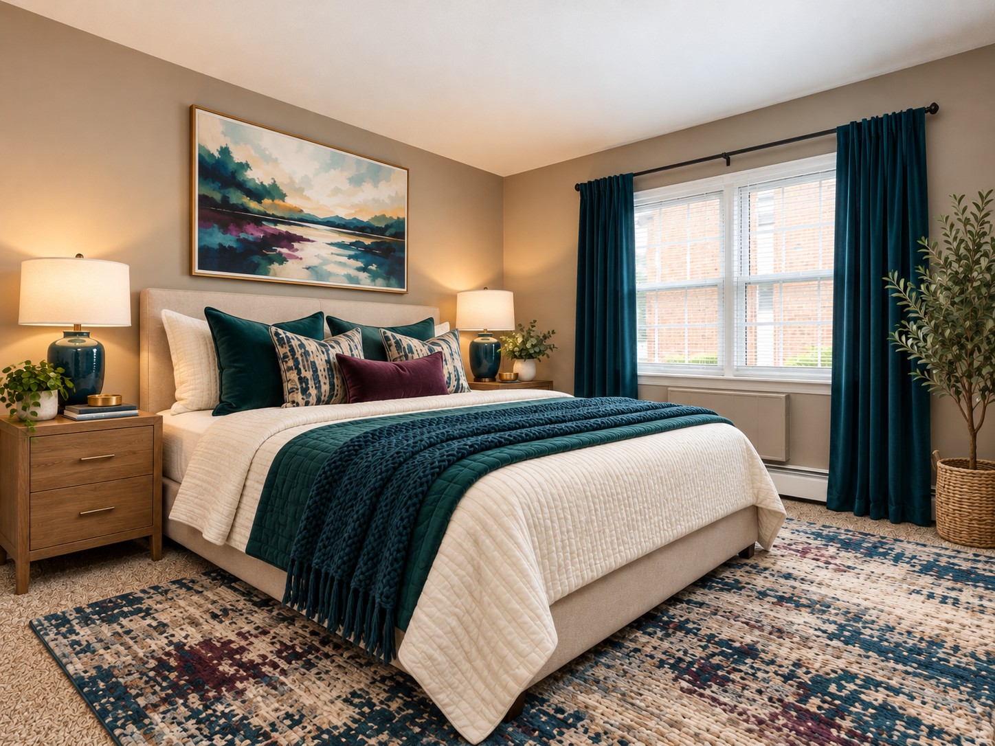 A cozy bedroom featuring a queen-sized bed dressed in white and teal linens. The room has a large window with dark curtains, two bedside tables with blue lamps, and decorative plants. A colorful area rug complements the space, while a landscape painting hangs above the bed, adding a touch of elegance.