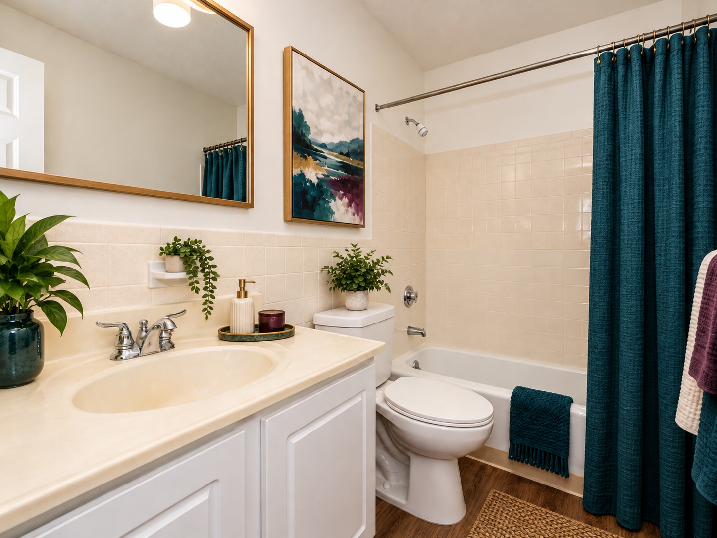 A modern bathroom featuring a light-colored vanity with a double sink, a large mirror, and a decorative painting above. The bathtub is adjacent to a toilet, surrounded by beige tiles and a teal shower curtain. Green plants add a touch of nature, and a woven rug sits on the floor.