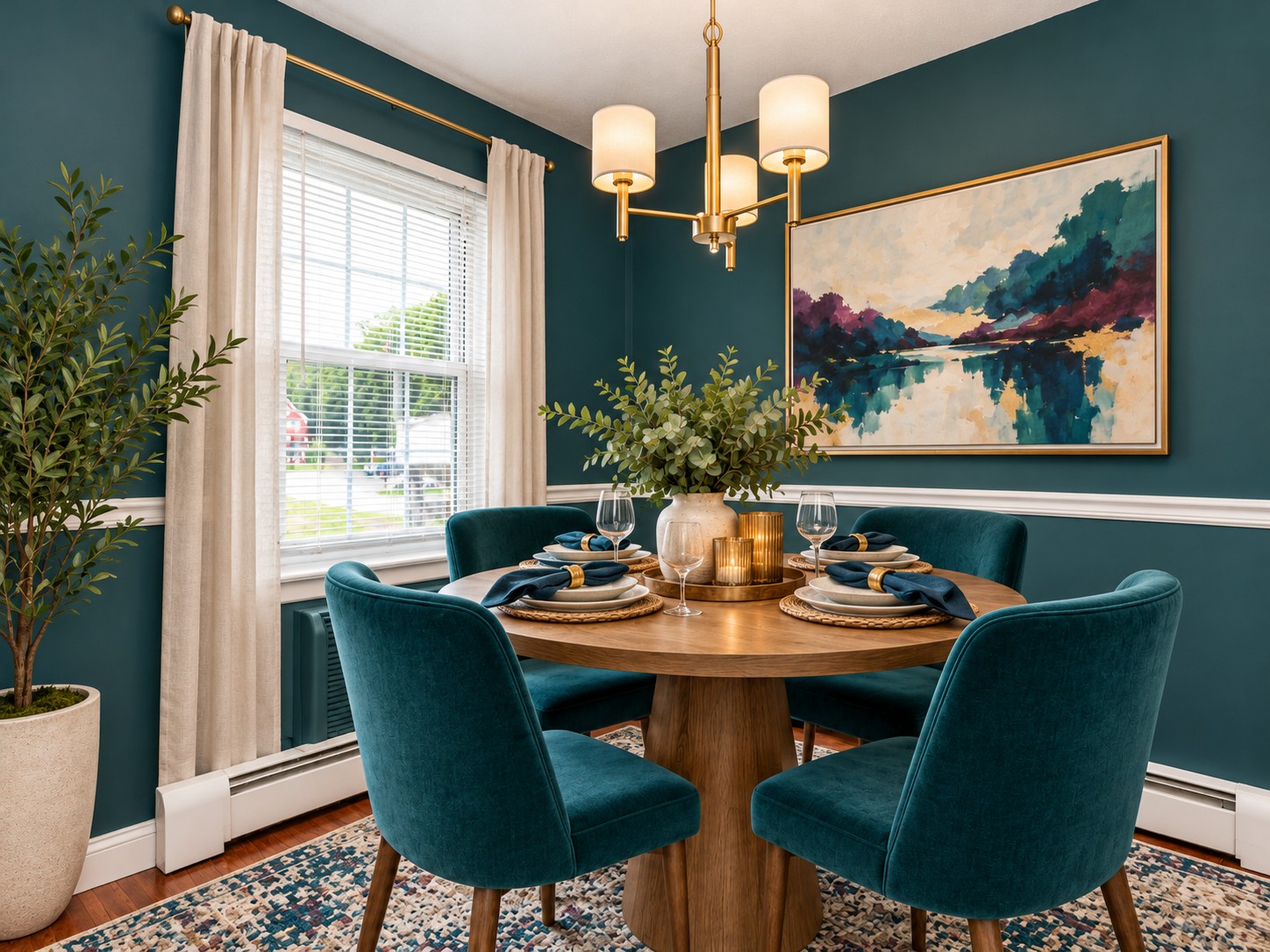 A cozy dining area featuring a round wooden table surrounded by teal upholstered chairs. The table is set with plates, glasses, and a centerpiece of greenery. A large painting with abstract colors adorns the wall, and a chic light fixture hangs above. Natural light enters through a window with sheer curtains.