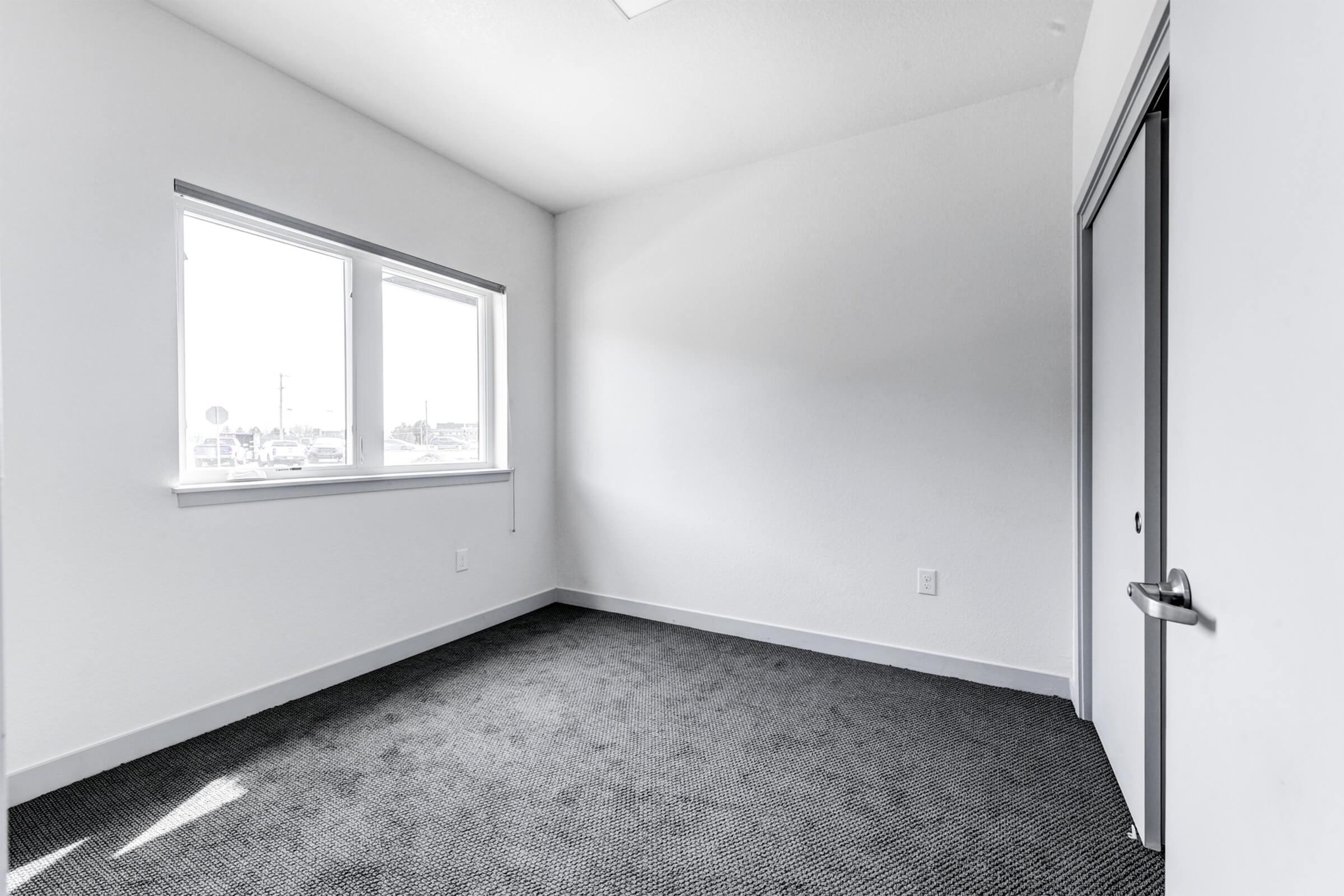 A bright, empty room with white walls and gray carpeting. There are two windows letting in natural light, and a single door on one wall. The overall atmosphere is clean and minimalistic, with no furniture or decor present.