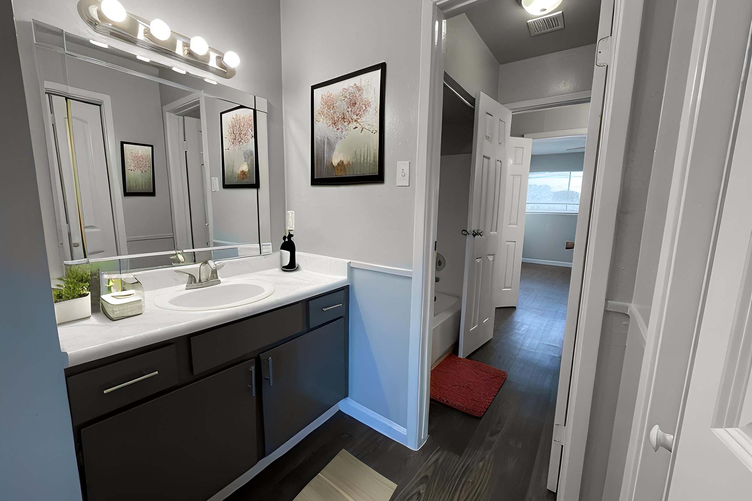 A modern bathroom featuring a double sink vanity with a mirror and light fixtures above. Artwork hangs on the wall, and there is a door leading to an adjacent room. The floor is dark wood, and a red rug adds a pop of color. The space is well-lit, with natural light coming from a window outside the visible area.