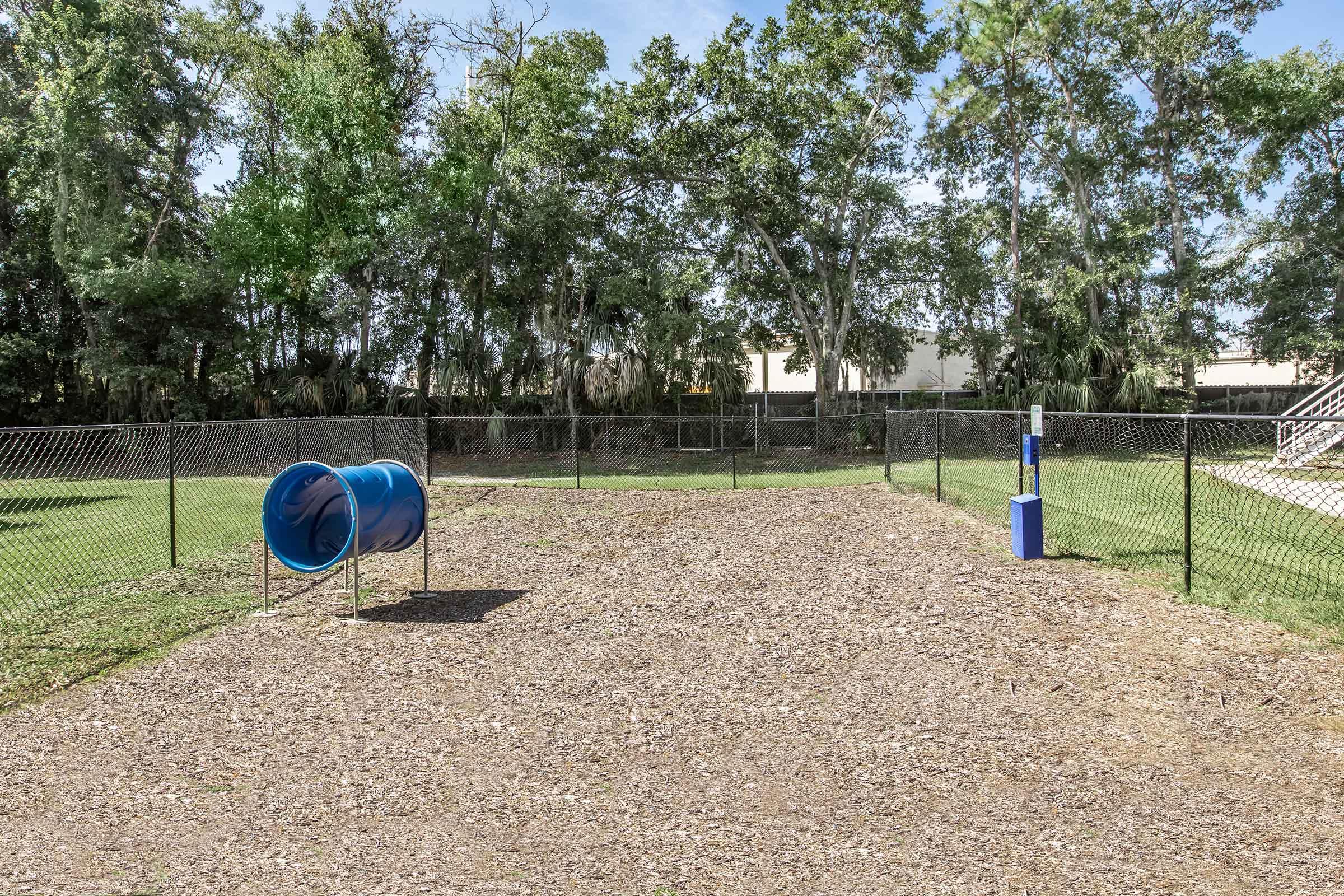 A fenced outdoor space with a gravel surface, featuring a blue agility barrel and a blue post. Surrounding the area are trees and greenery, with a building visible in the background. The sky is clear, indicating a sunny day.