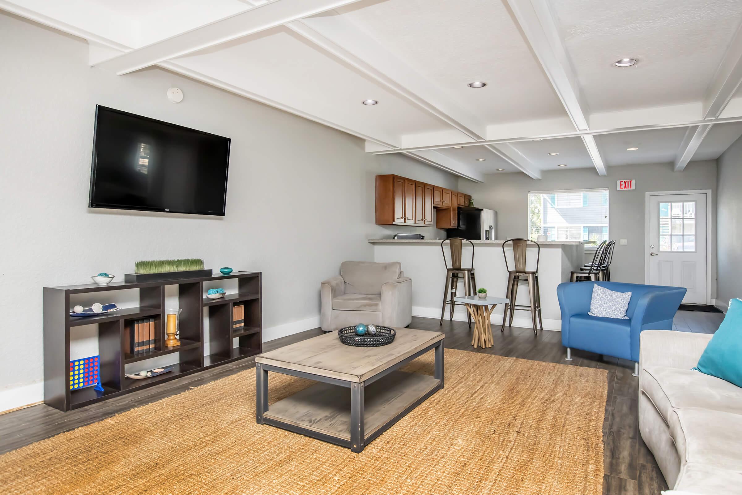 A modern living room featuring a flat-screen TV mounted on a light gray wall, a casual seating area with beige and blue chairs, a coffee table on a jute rug, and a dark wood shelving unit displaying decorative items. A kitchen area is visible in the background, along with a door leading outside.