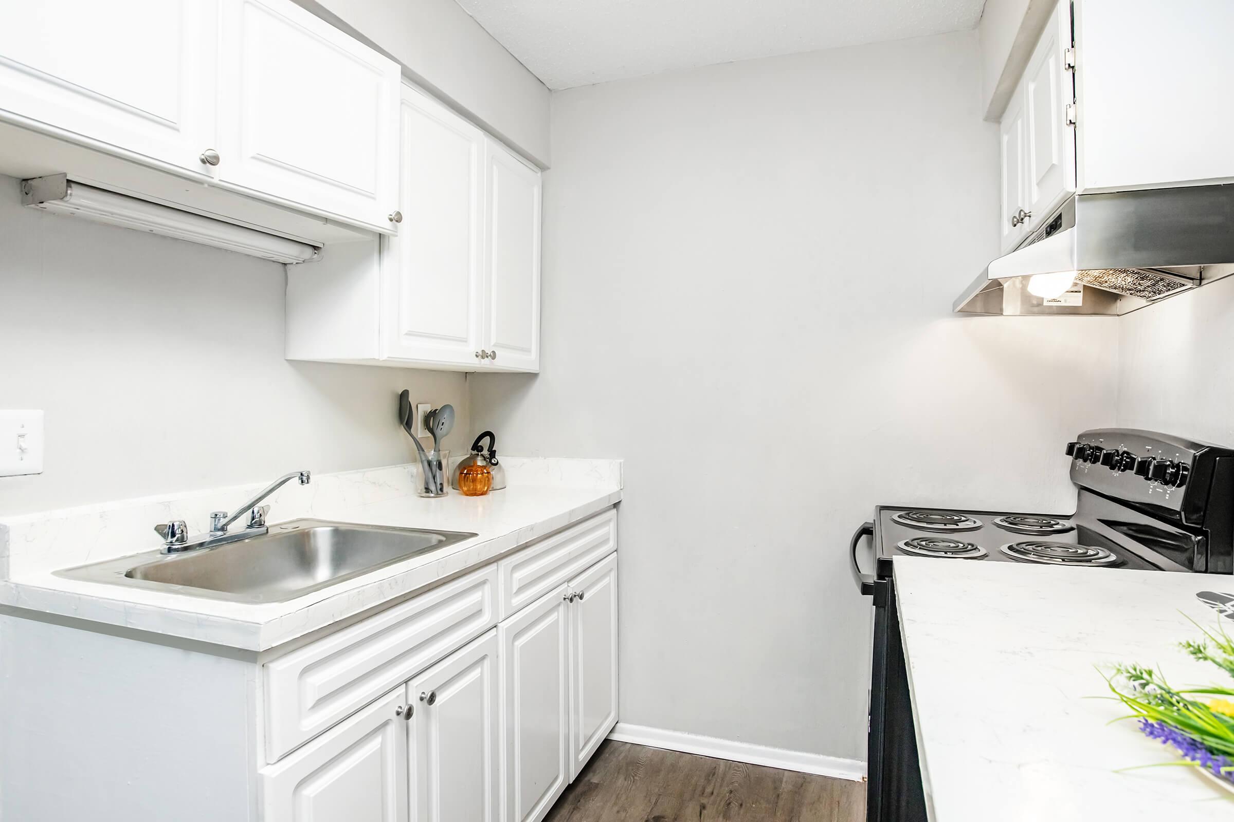 A small, modern kitchen featuring white cabinets, a stainless steel sink, and a stove with five burners. The walls are painted in a light gray color, and there's a decorative orange glass jar on the counter. A small plant with purple flowers adds a touch of greenery.