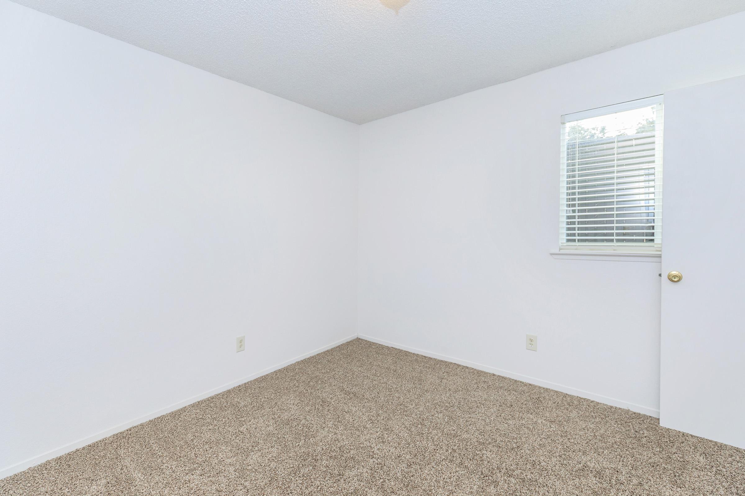An empty, sparsely furnished room with beige carpet, white walls, and a small window with blinds. A door is slightly ajar on the right side, and the overall lighting appears bright and neutral. The room is clean and ready for personalization.