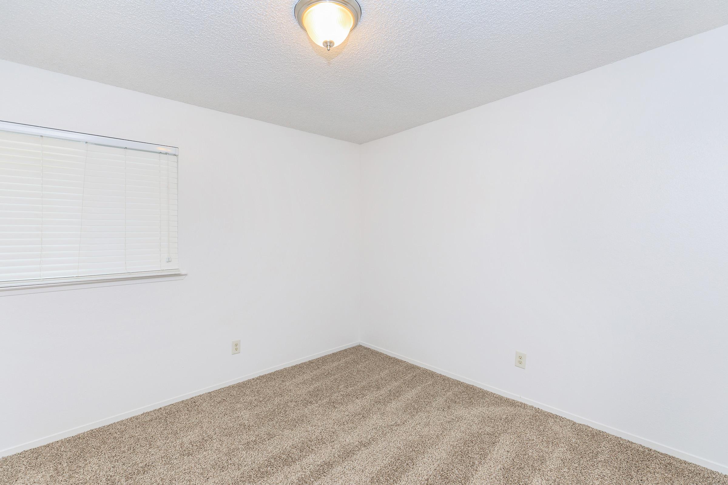 A clean, empty room featuring light beige carpet, white walls, and a window with blinds. A ceiling light fixture is visible, adding soft illumination to the space. The room is spacious and has no furniture, giving it an airy and open feel.