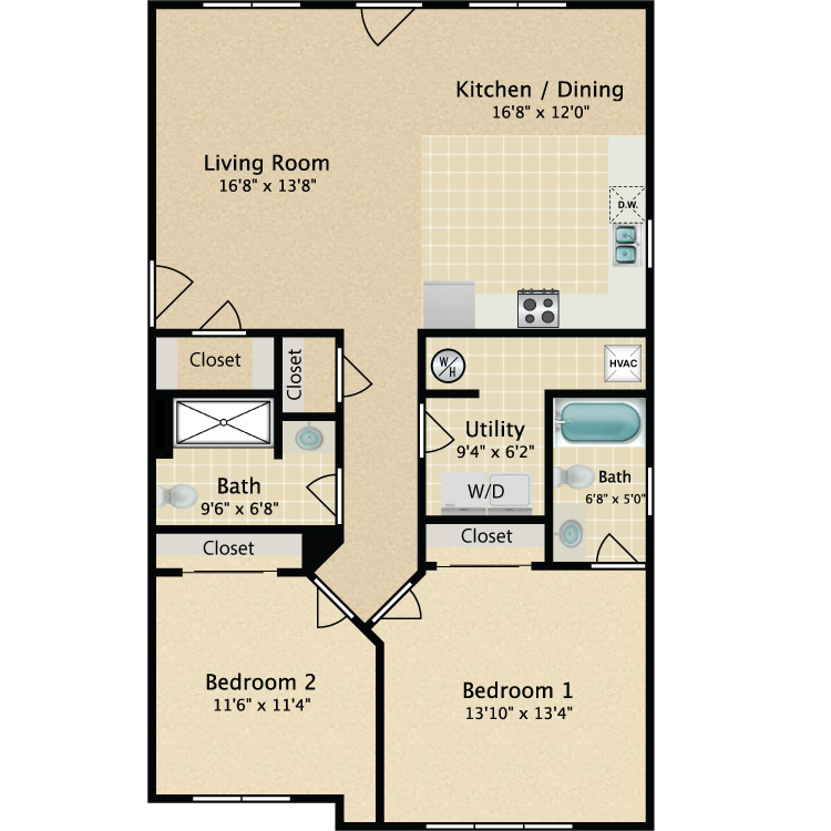 Floor plan image of 2 Bedroom 2 Bath 1