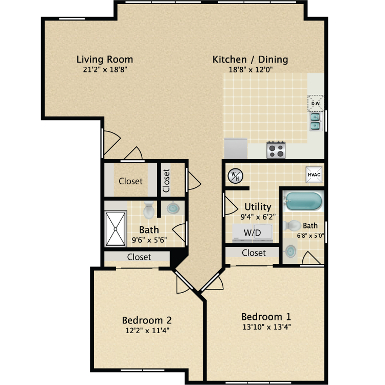 Floor plan image of 2 Bedroom 2 Bath 2