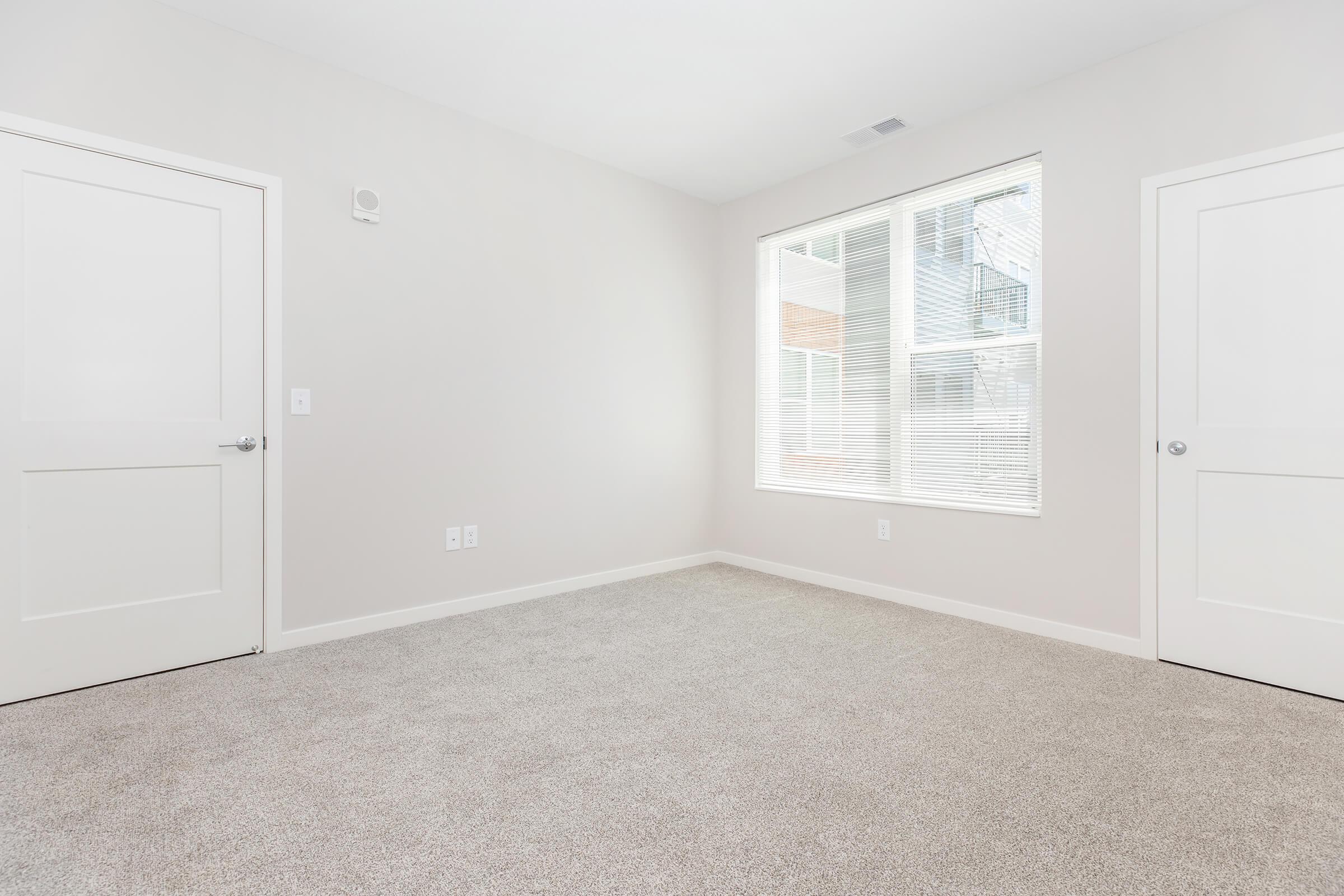 A bright, empty room with light beige walls and plush gray carpet. There are two closed white doors on opposite sides of the room. A large window with horizontal blinds allows natural light to enter, illuminating the space. The room has a clean, modern aesthetic, lacking any furniture or decor.
