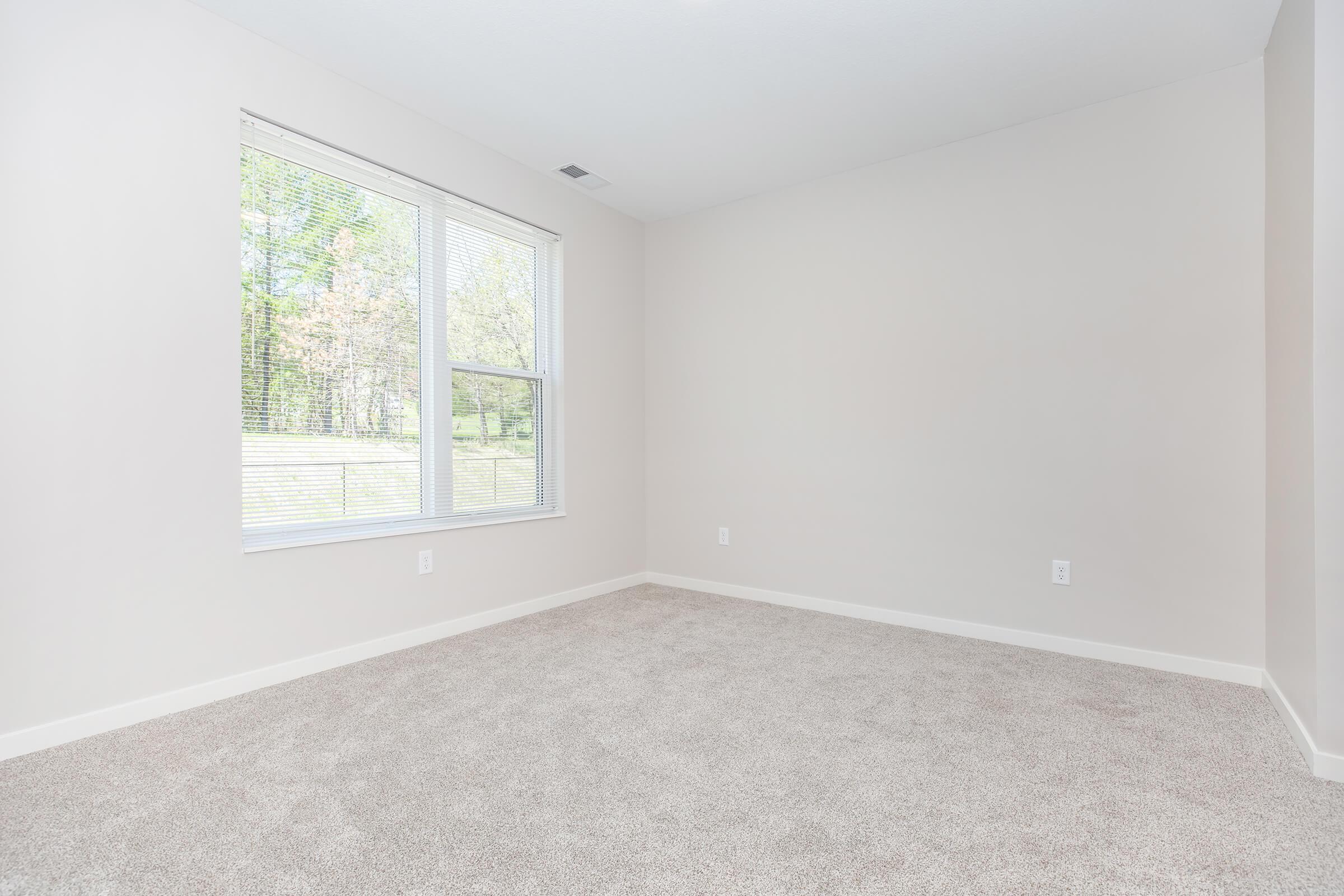 Empty room with light beige walls and carpet. It features a large window with neutral blinds, allowing natural light to illuminate the space. The room has minimal furnishings and a tidy appearance, creating an open and airy atmosphere. Ideal for various uses such as a living area or bedroom.