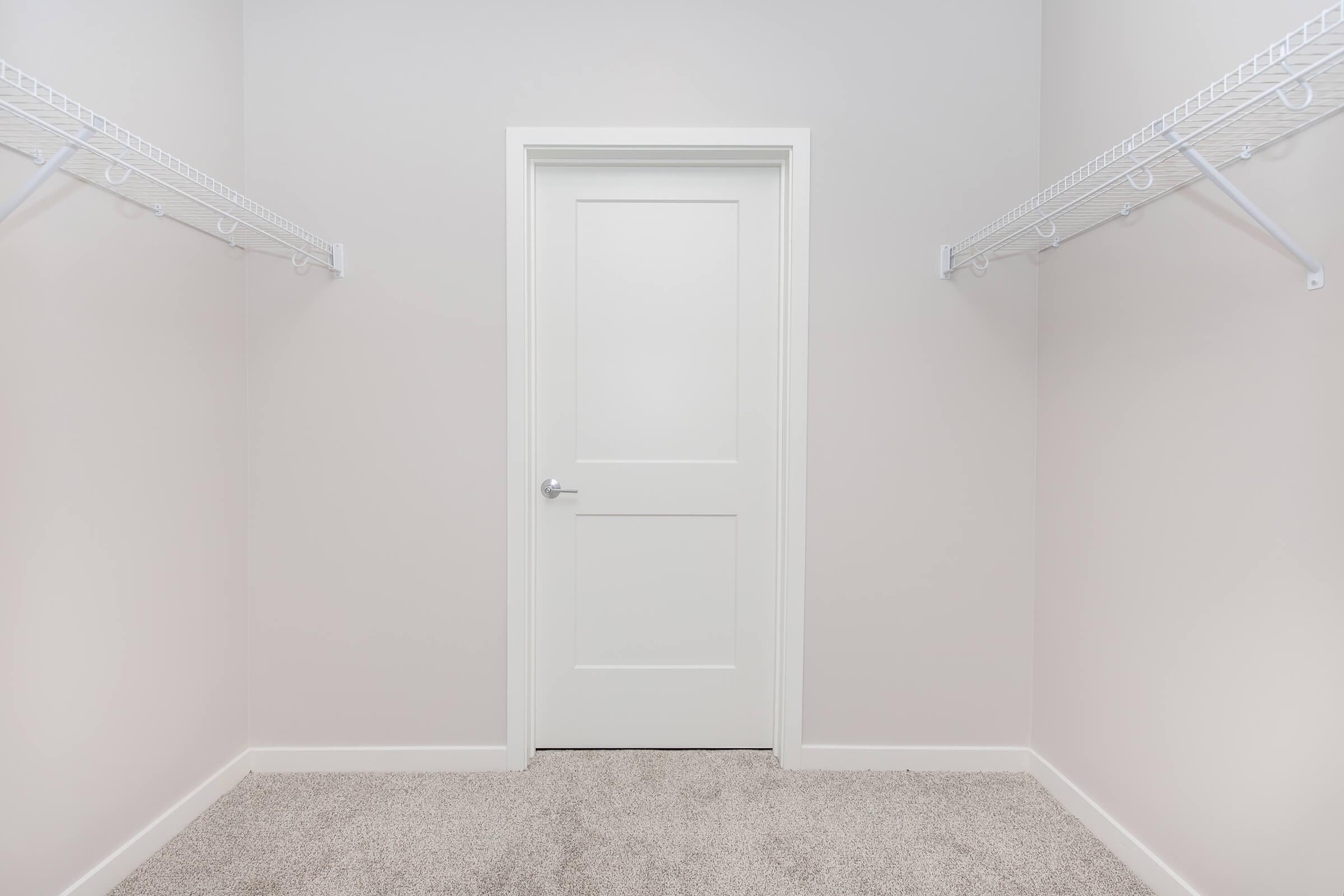 A spacious, empty closet with light gray walls and beige carpeting. There are white wire shelves on both sides, and a plain white door is visible in the center. The overall space appears clean and organized, ideal for storage.