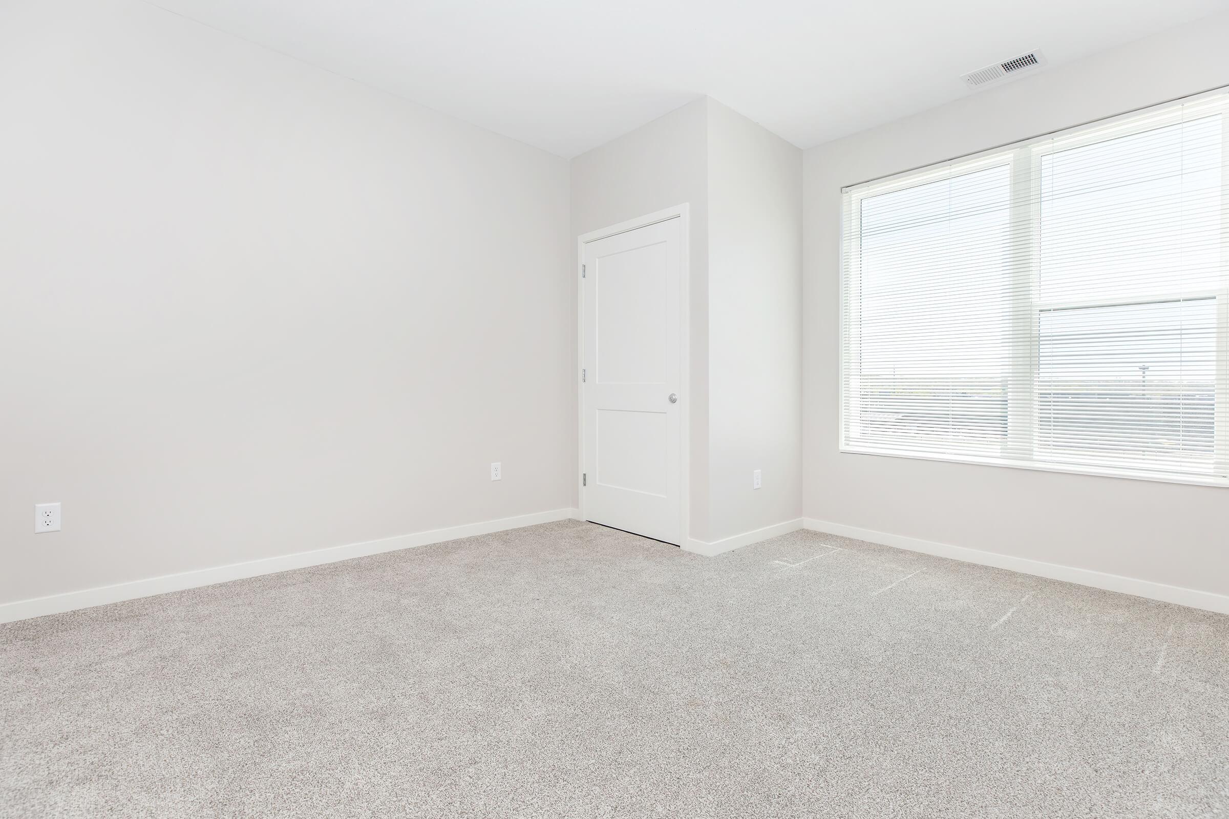 A minimalist interior of a room featuring light-colored walls and plush, beige carpet. There is a single window with blinds allowing natural light, and a white door on the left side. The room is empty, giving it a spacious and airy feel.