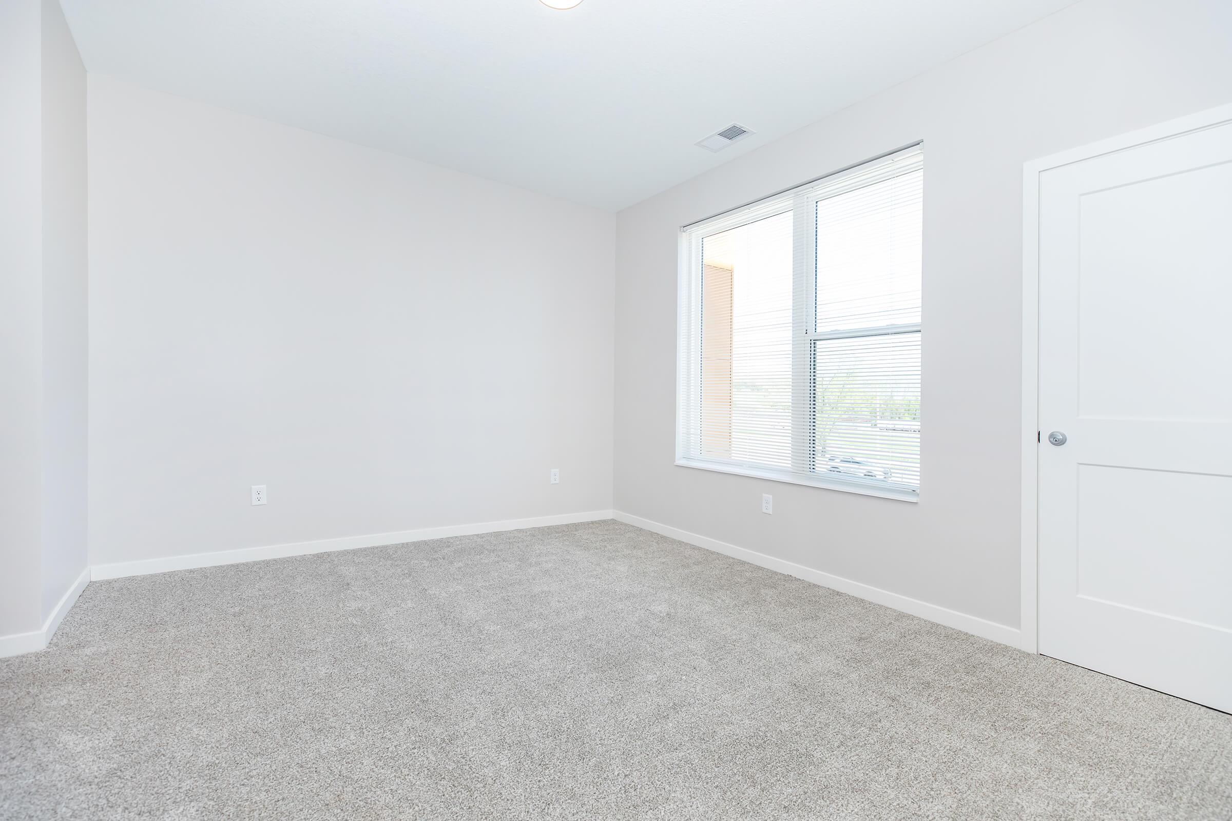 A well-lit, empty room with light gray walls and plush carpet. The room features a large window allowing natural light, and a white door on one side. The space is minimalistic, showcasing a modern design with no furniture or decor.