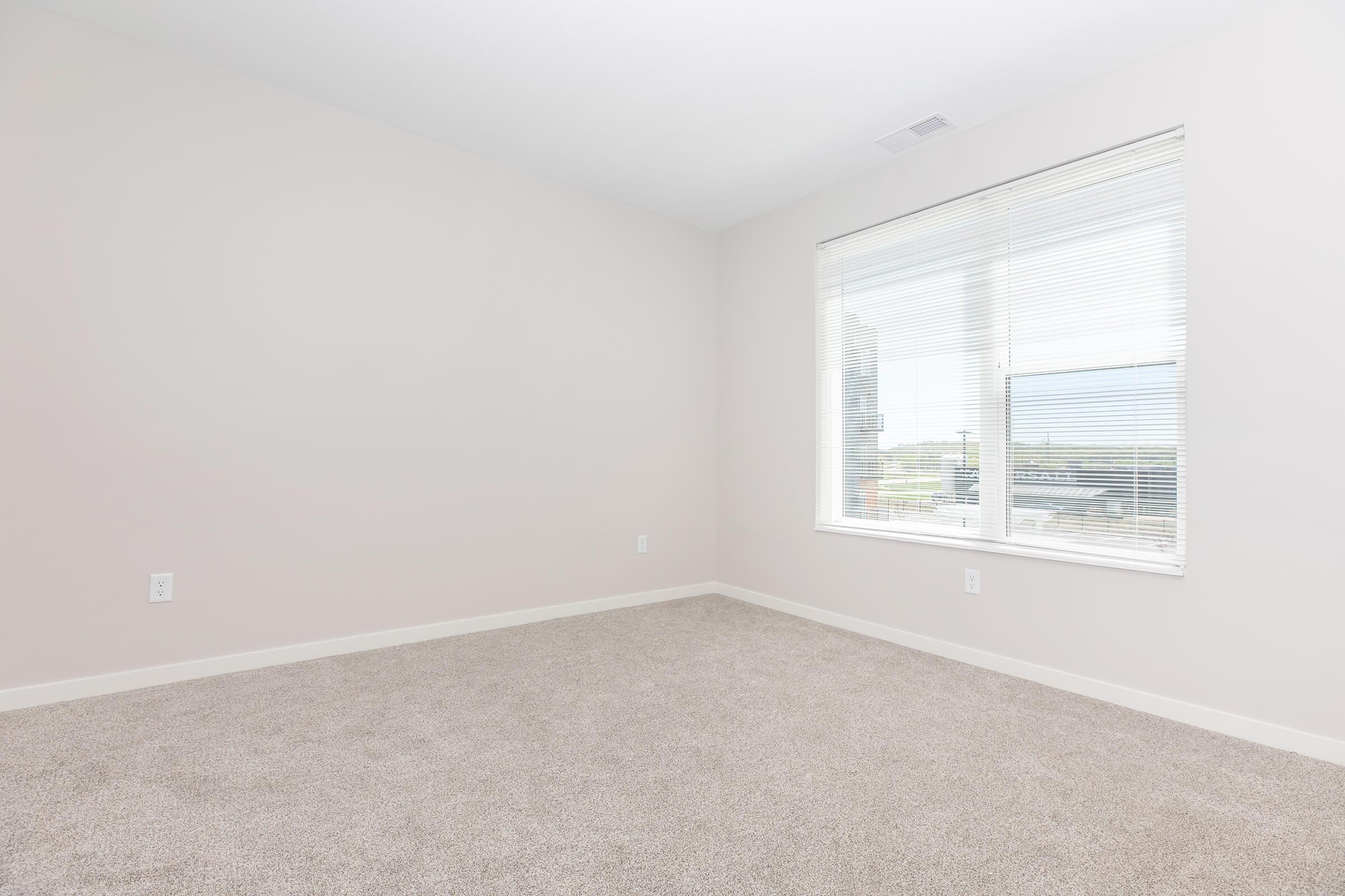 Empty room with beige walls and light carpet flooring. A large window with blinds allows natural light to enter, providing a view of the outside. The space is unoccupied, creating a blank canvas for potential furniture and decoration.