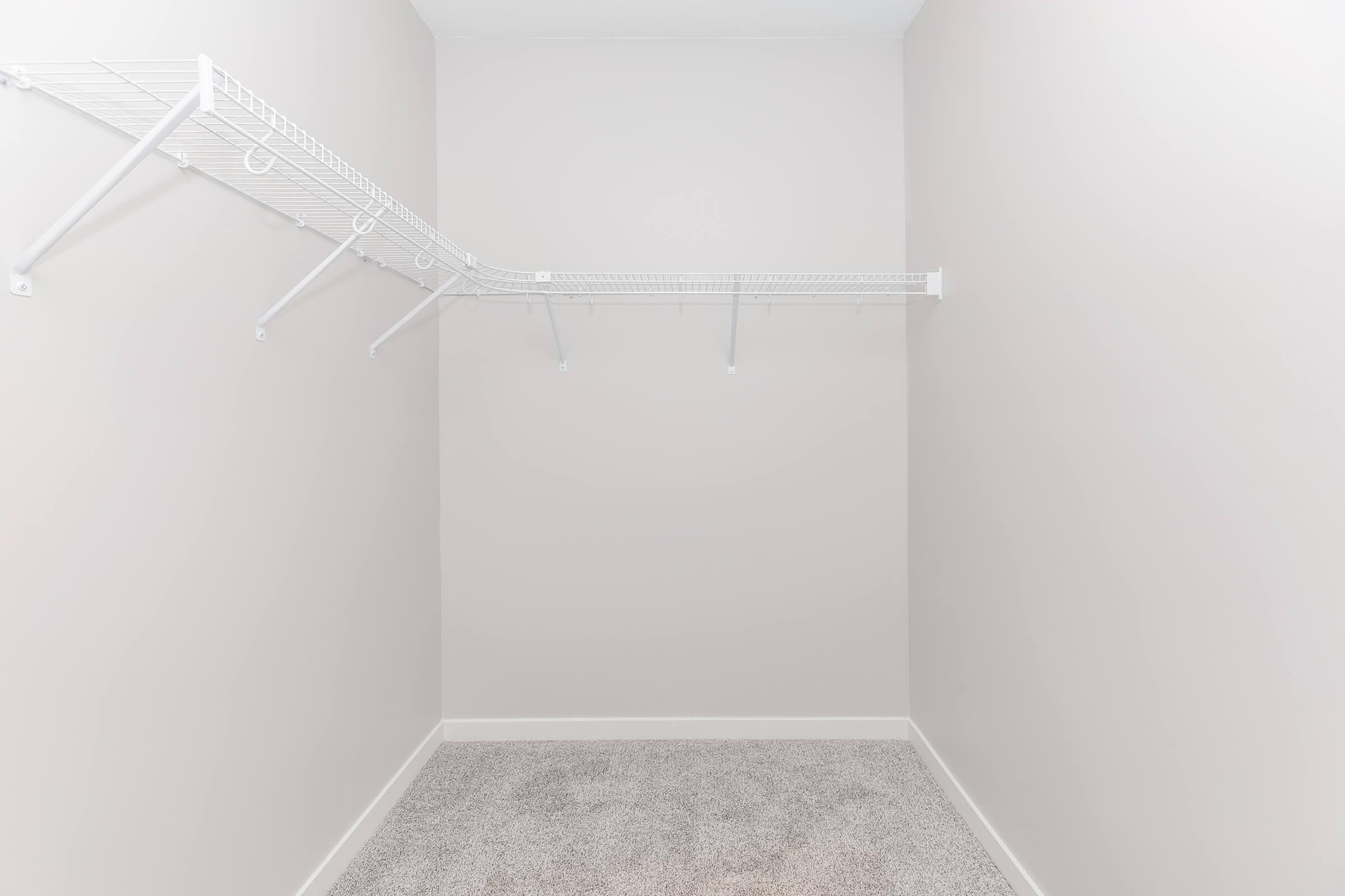 Empty closet with light gray walls and a carpeted floor. A wire shelf is mounted on the left wall, extending across the space with several hooks but no items hanging. The right wall is bare, enhancing the sense of openness in the room.