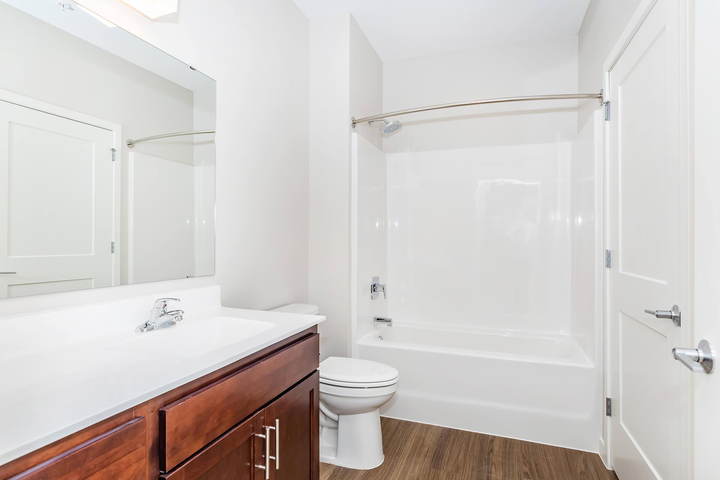 A clean, modern bathroom featuring a white bathtub with a shower, a large mirror above a wooden vanity with a sink, and a white toilet. The walls are painted light-colored, and the flooring is a light wood pattern. The space is well-lit and tidy, reflecting a contemporary design.