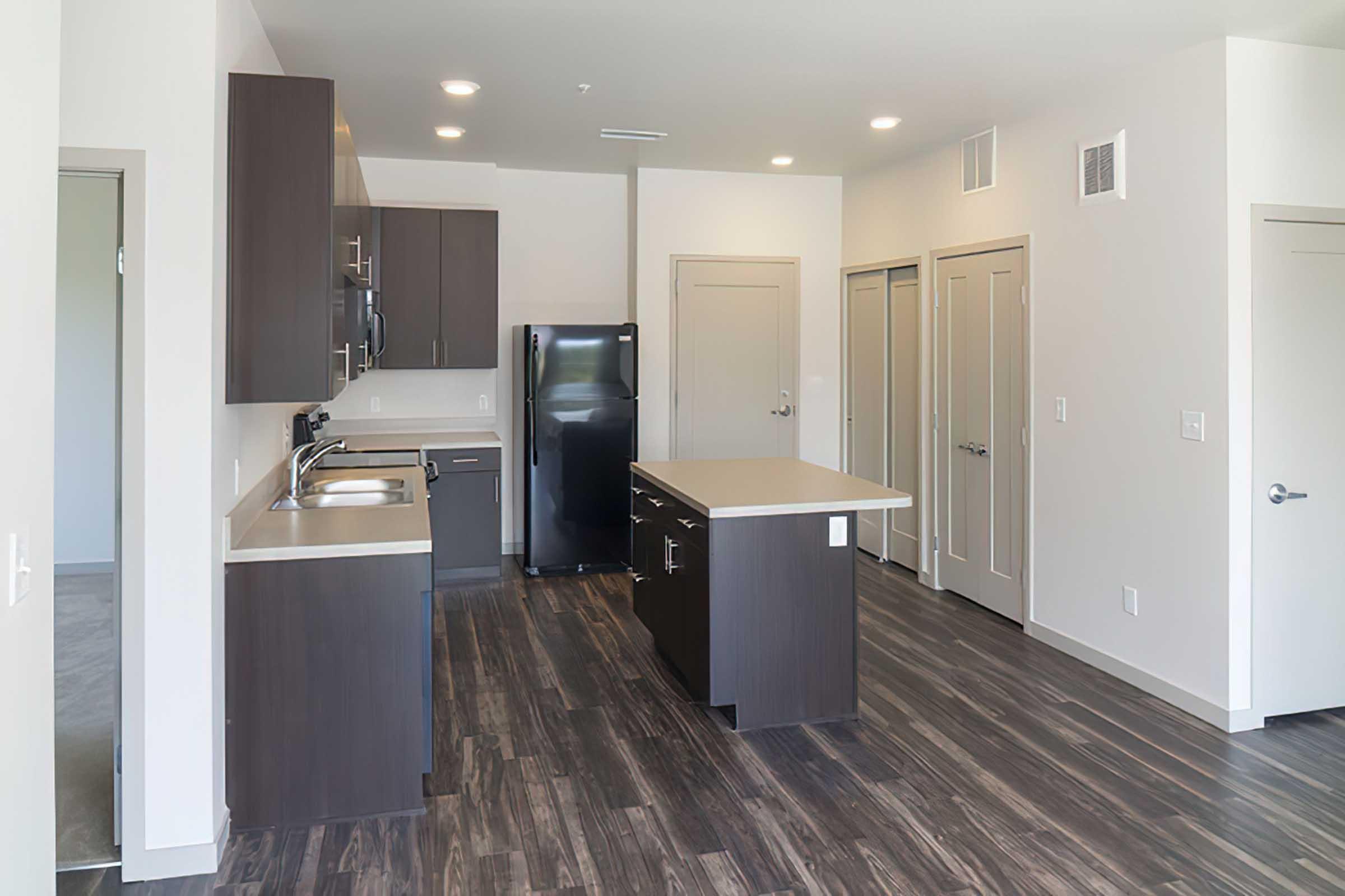 Modern kitchen and living area featuring dark cabinets, black appliances, a large countertop island, and open floor plan.