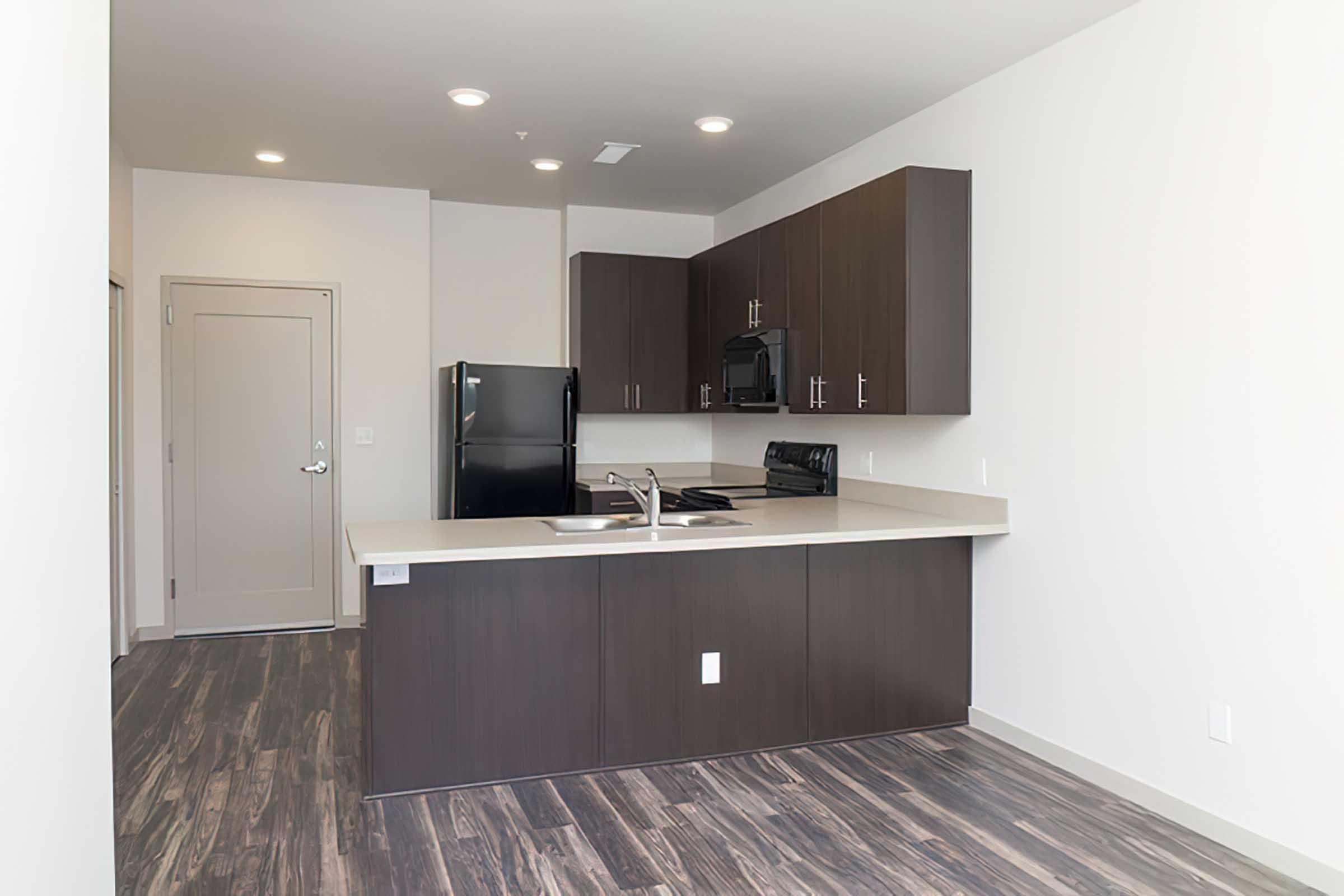 Modern kitchen featuring dark cabinets, a black refrigerator, and a microwave.