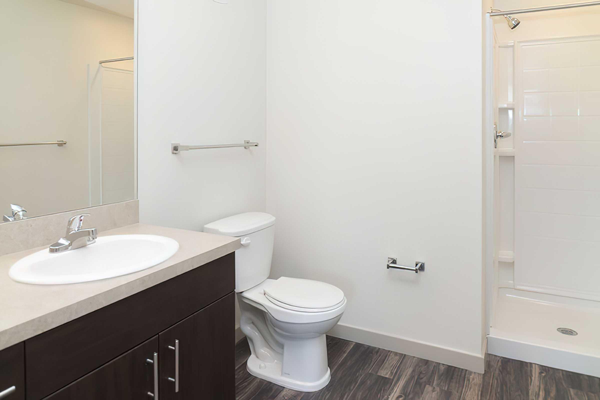 A modern bathroom featuring a white toilet, a shower stall with a clear glass door, and a vanity with a sink.