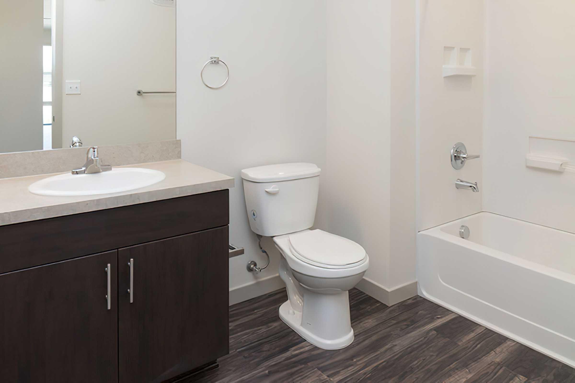 A modern bathroom featuring a white toilet, a bathtub with a shower, a sink with a countertop, and dark wood cabinetry.