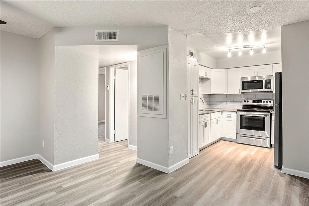 Open floor plan living room and modern kitchen