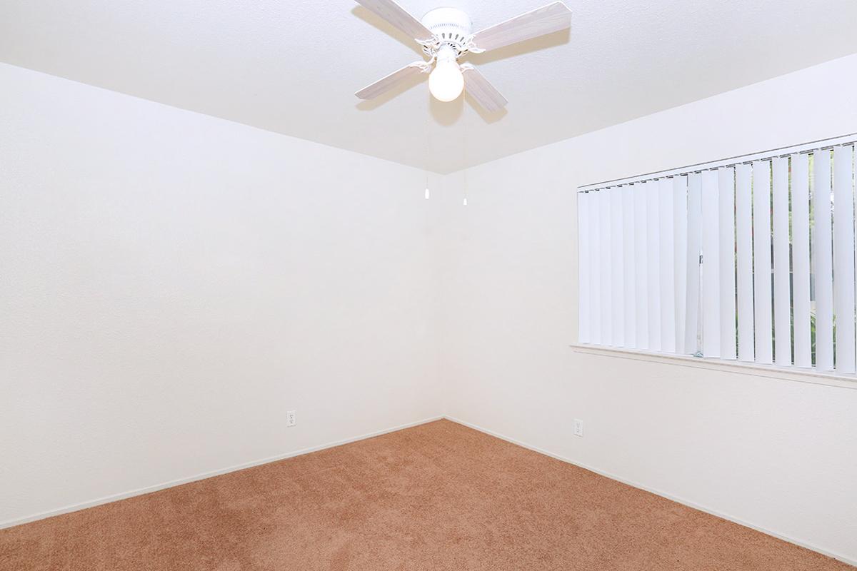 A bare room with light beige walls and a tan carpet. There is a ceiling fan with wooden blades and a light fixture. A window with vertical blinds lets in natural light, casting a soft glow across the space. The room appears empty and spacious, suitable for personalization.