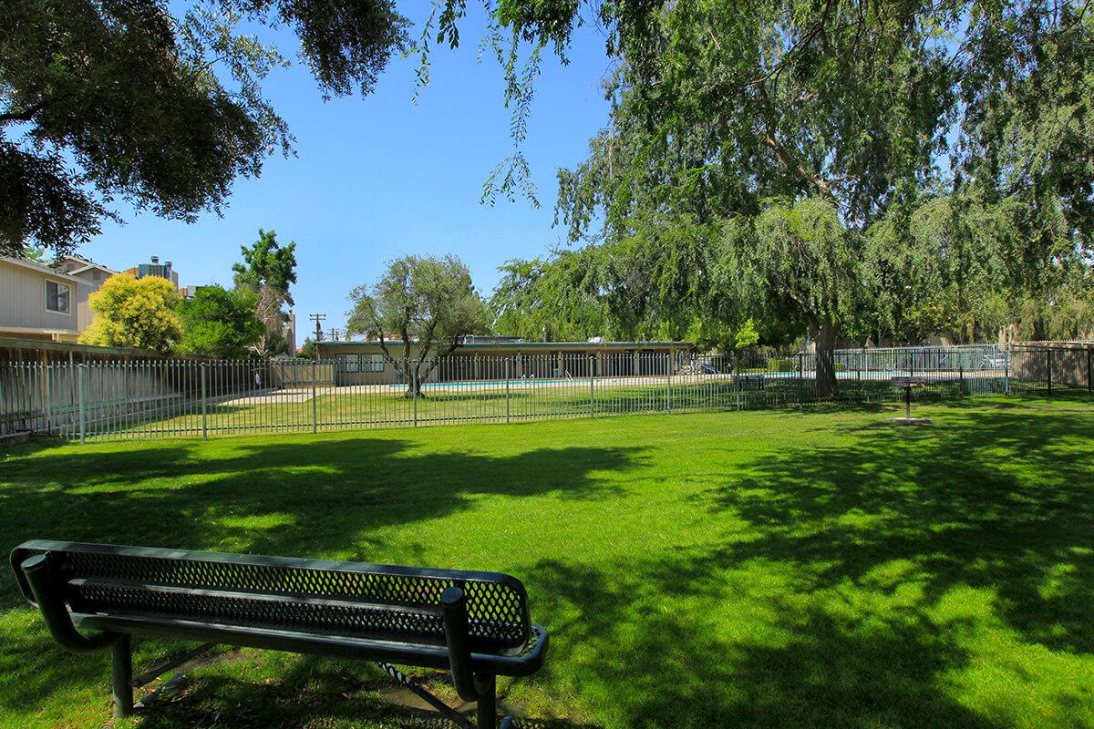 A peaceful park scene featuring a green lawn with a bench in the foreground, surrounded by trees. In the background, a fenced area and a few houses are visible, under a clear blue sky. The scene conveys a sense of tranquility and openness in an outdoor setting.