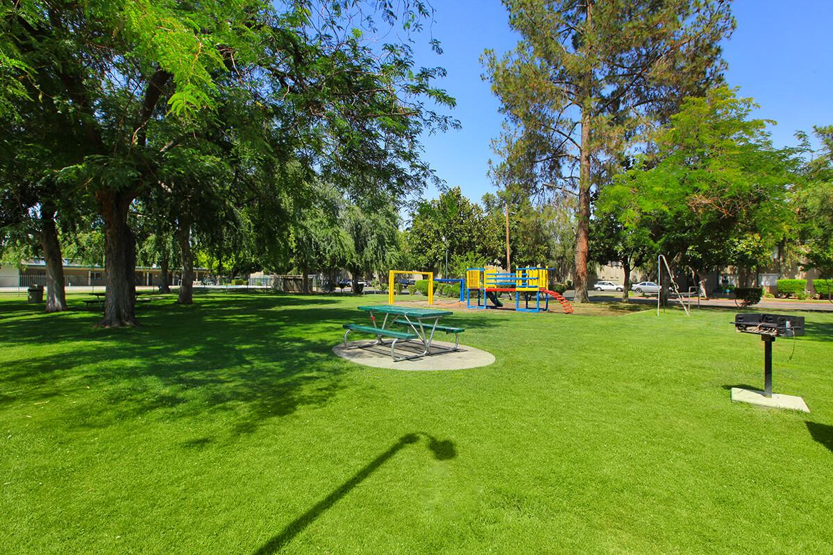 A sunny park scene featuring a vibrant green lawn, large trees providing shade, a colorful playground with a slide and swings, a picnic table, and a barbecue grill. The sky is clear blue, creating a pleasant outdoor environment.
