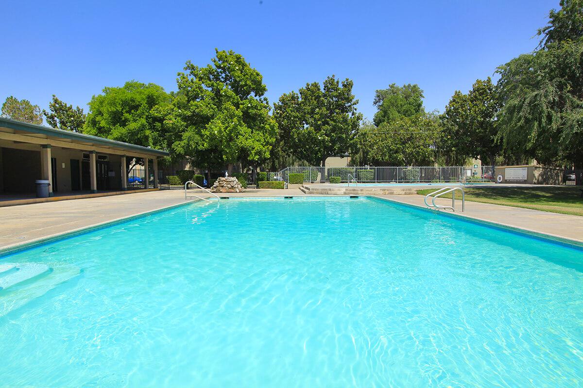 A clear, inviting swimming pool surrounded by green trees and a blue sky. In the background, there are facilities and a fenced area, creating a relaxing outdoor environment. The sun shines brightly, highlighting the shimmering water.