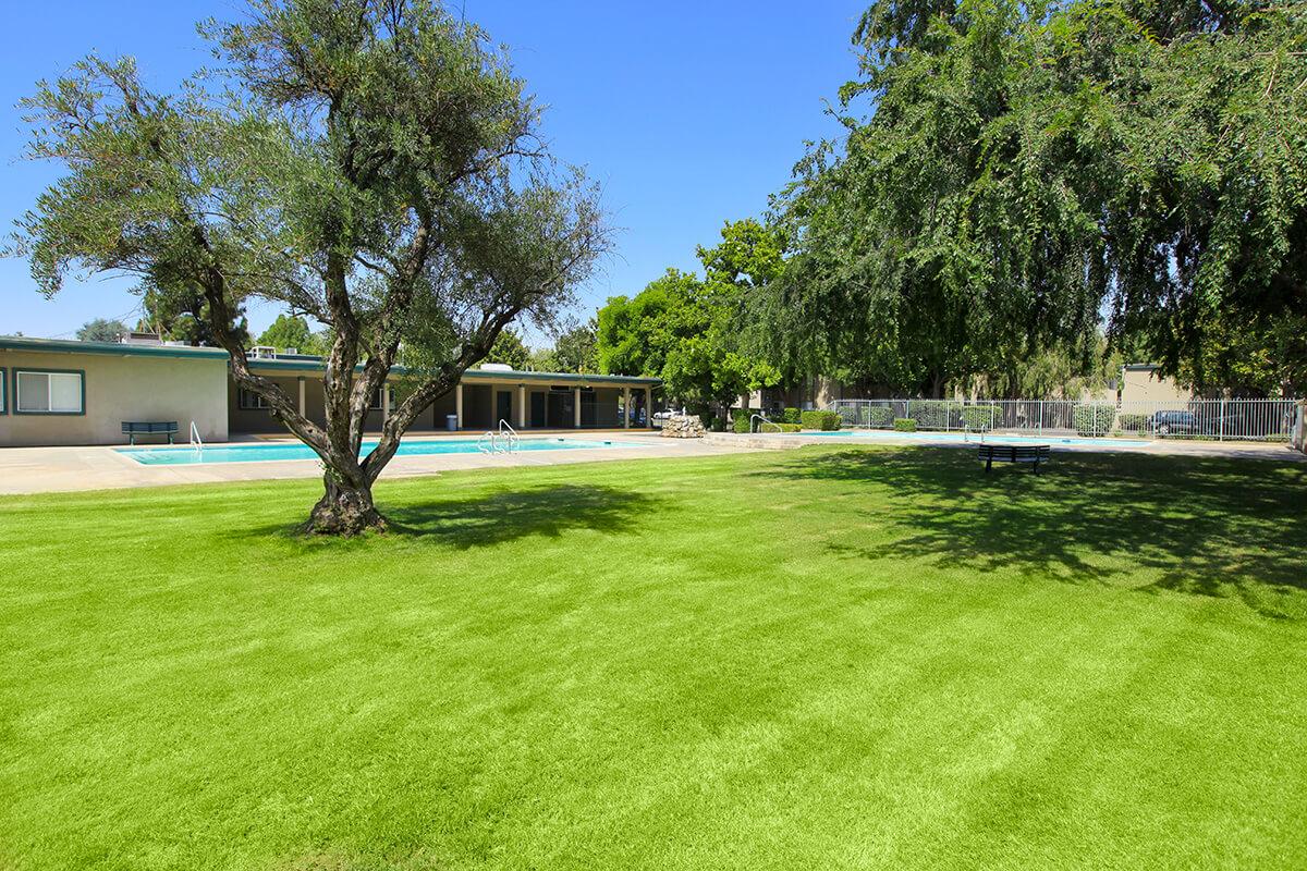 A sunny outdoor scene featuring a well-maintained grassy area with a tree, a swimming pool in the background, and a building with multiple windows. The sky is clear, and the setting suggests a peaceful recreational space.