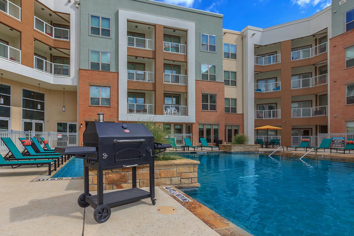 a pool of water in front of a building