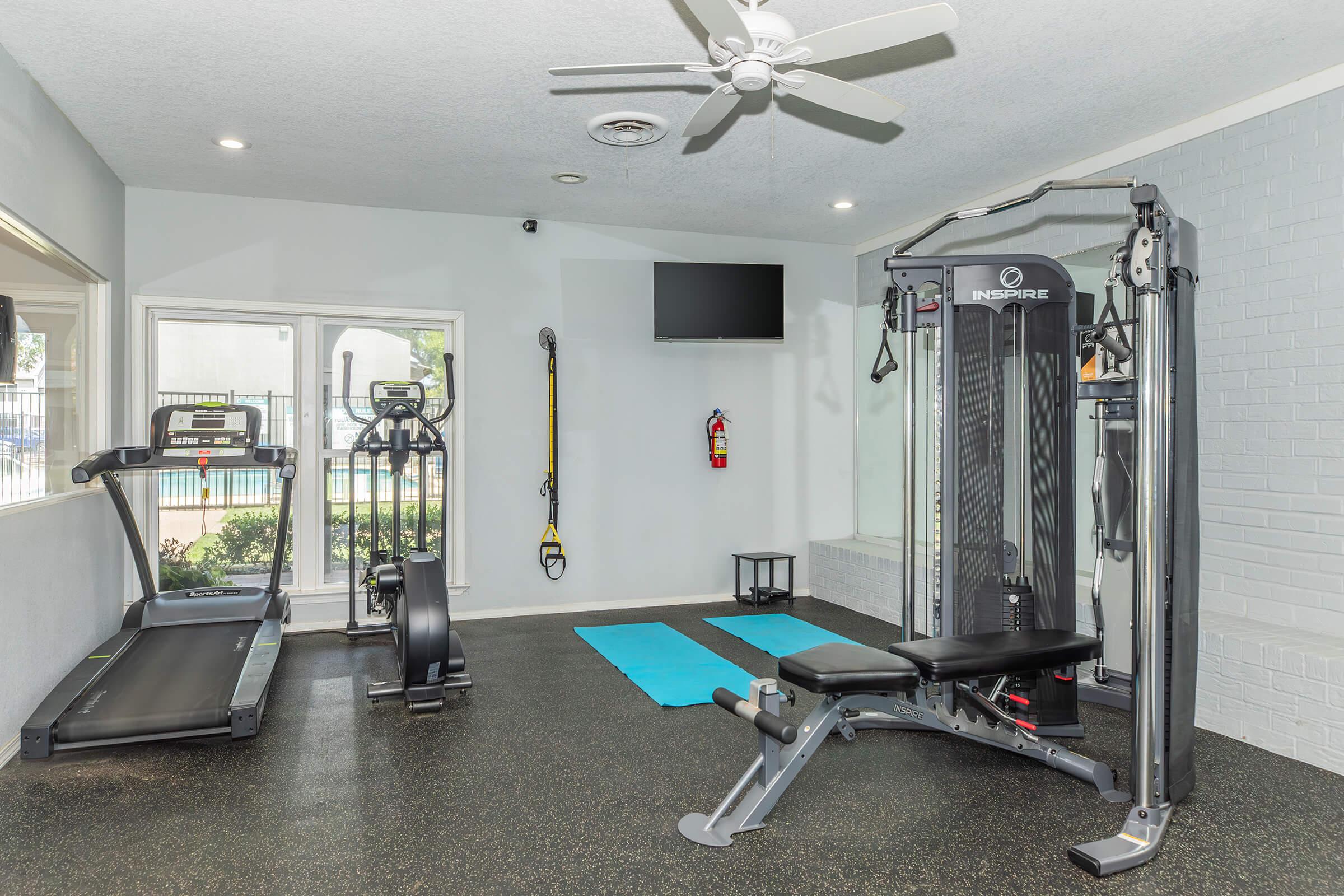 A fitness area featuring a treadmill, rowing machine, and cable machine. The space has two blue exercise mats on the floor, large windows providing natural light, and a ceiling fan. A wall-mounted TV is visible, creating an inviting workout environment.