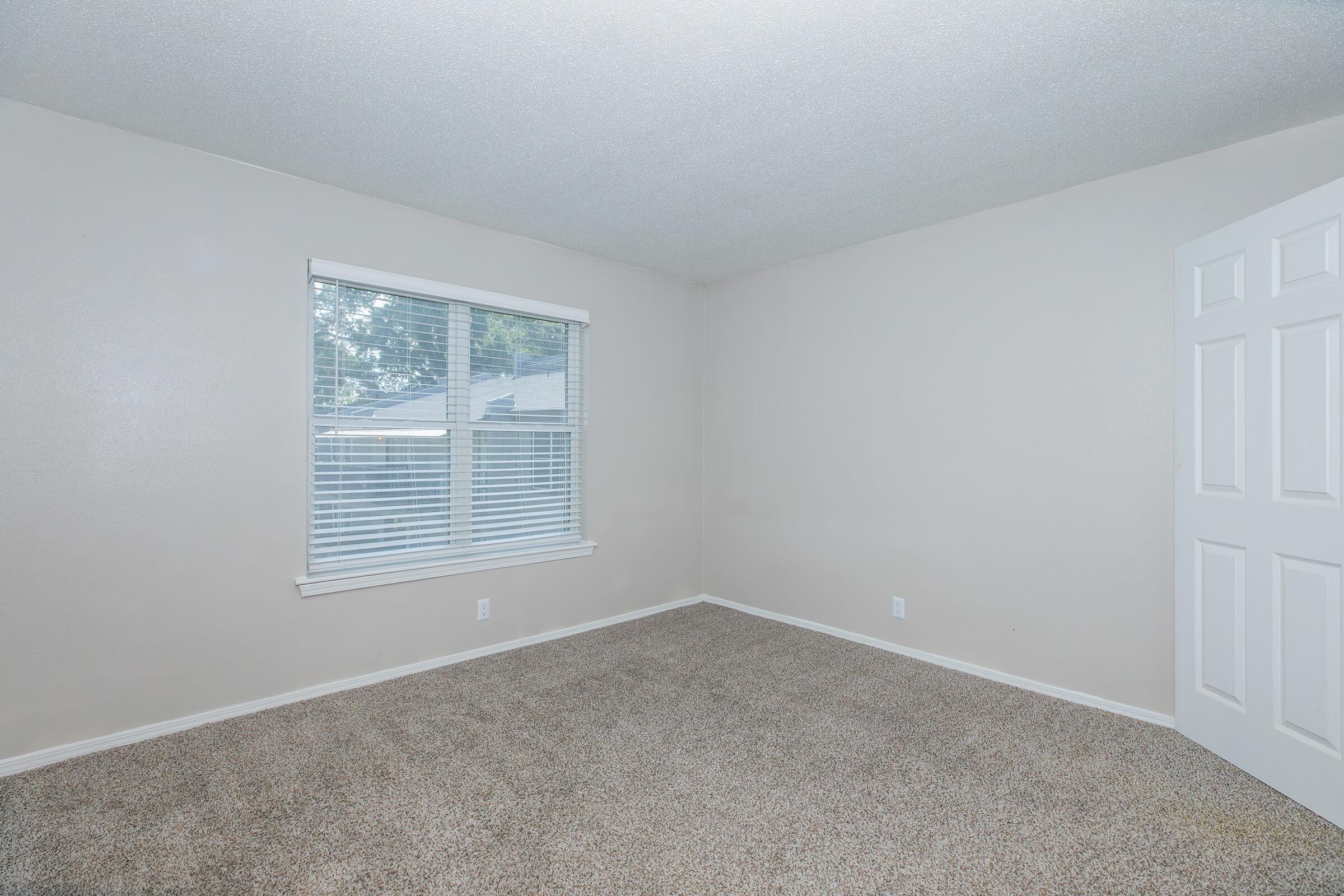 Empty room with beige walls and light brown carpet. Features a window with white blinds, allowing natural light to illuminate the space. The door on the right is closed, and there are no furnishings, creating an open and minimalist environment.
