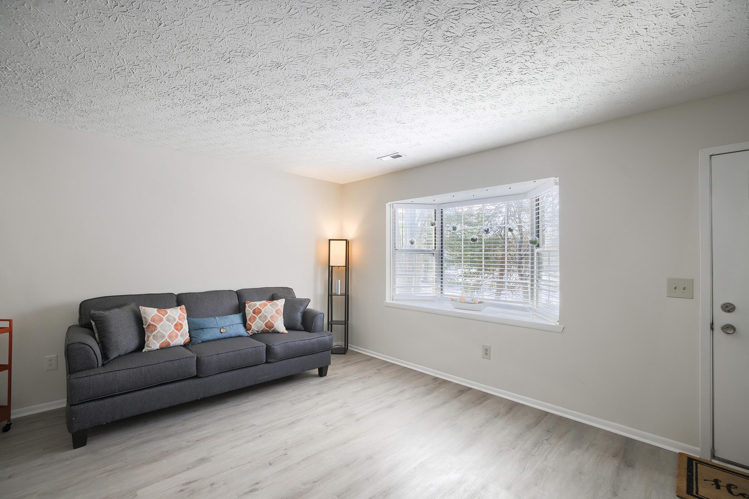 A cozy living room featuring a gray sofa with decorative pillows, a floor lamp, and a large window bringing in natural light. The walls are painted in a light color, and the flooring is a light wood finish. A door is visible on the right side, leading outside.