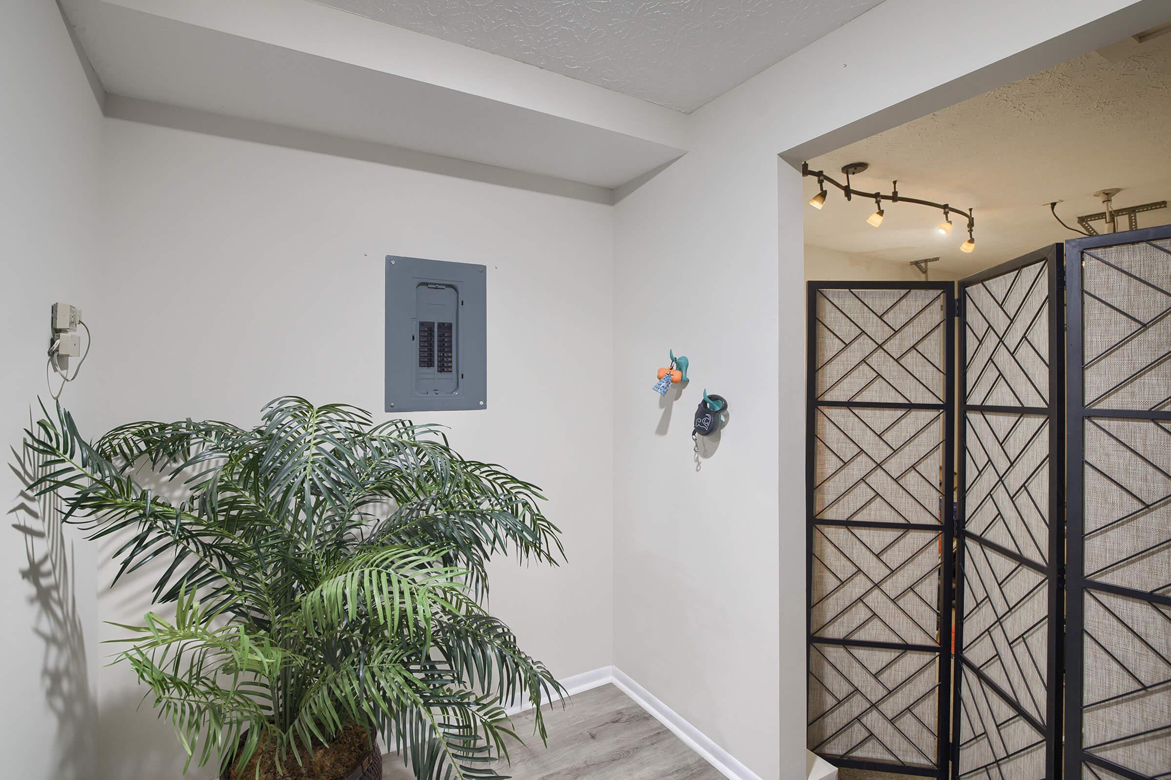 A well-lit corner of a room featuring a light gray wall with a circuit breaker box mounted on it. To the left, there is a green tropical plant adding a touch of nature. On the right, a decorative folding screen with a geometric pattern divides the space. The flooring is light-colored wood.