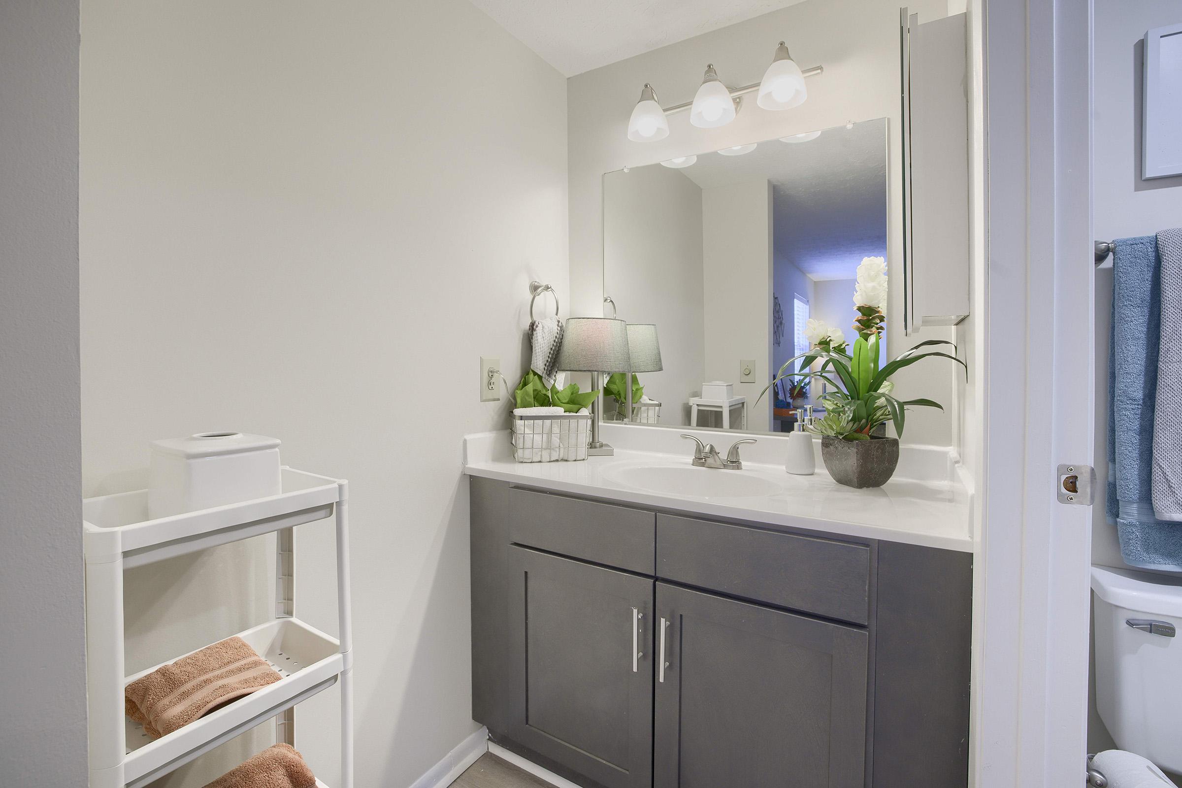 A modern bathroom featuring a sleek dark vanity with a white countertop, a large mirror with three light fixtures above, and decorative elements like an orchid plant. On the side, there is a white shelving unit with neatly arranged towels, and a glimpse of a blue towel hanging nearby.